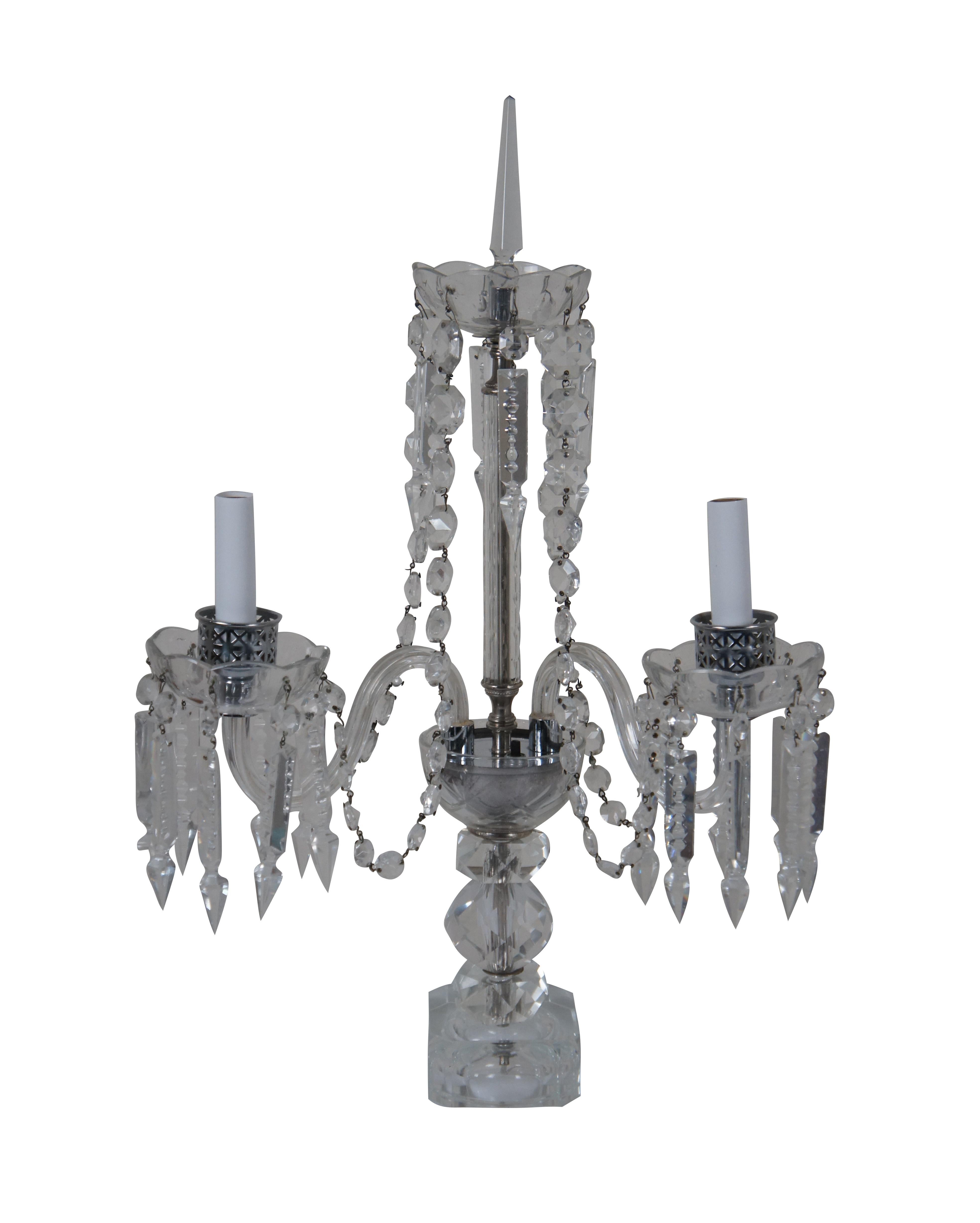 Hollywood Regency 2 Vintage Bohemian Cut Crystal 3 Arm Candelabra Girandole Buffet Table Lamps