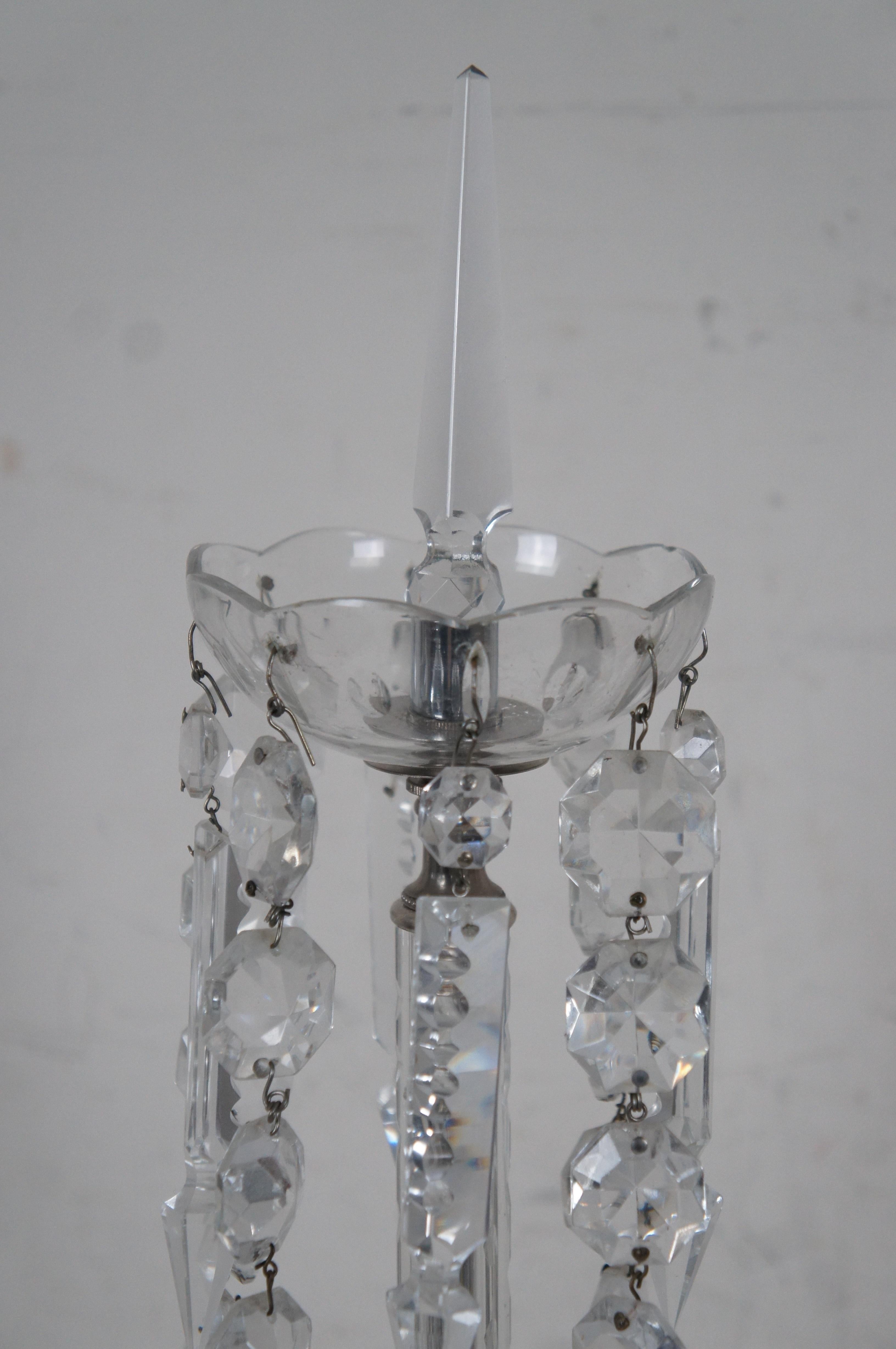 20th Century 2 Vintage Bohemian Cut Crystal 3 Arm Candelabra Girandole Buffet Table Lamps