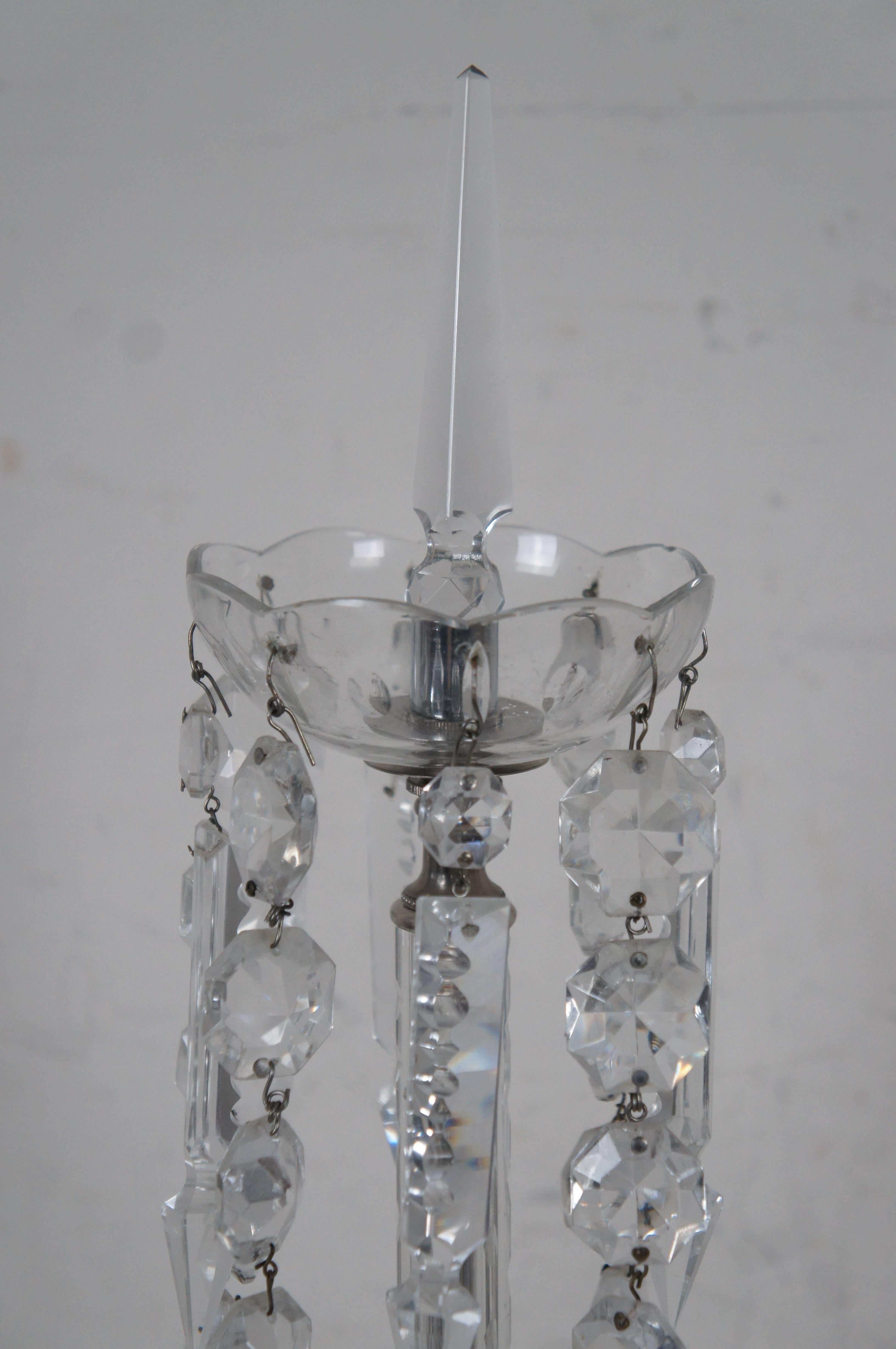 20th Century 2 Vintage Bohemian Cut Crystal 3 Arm Candelabra Girandole Buffet Table Lamps For Sale