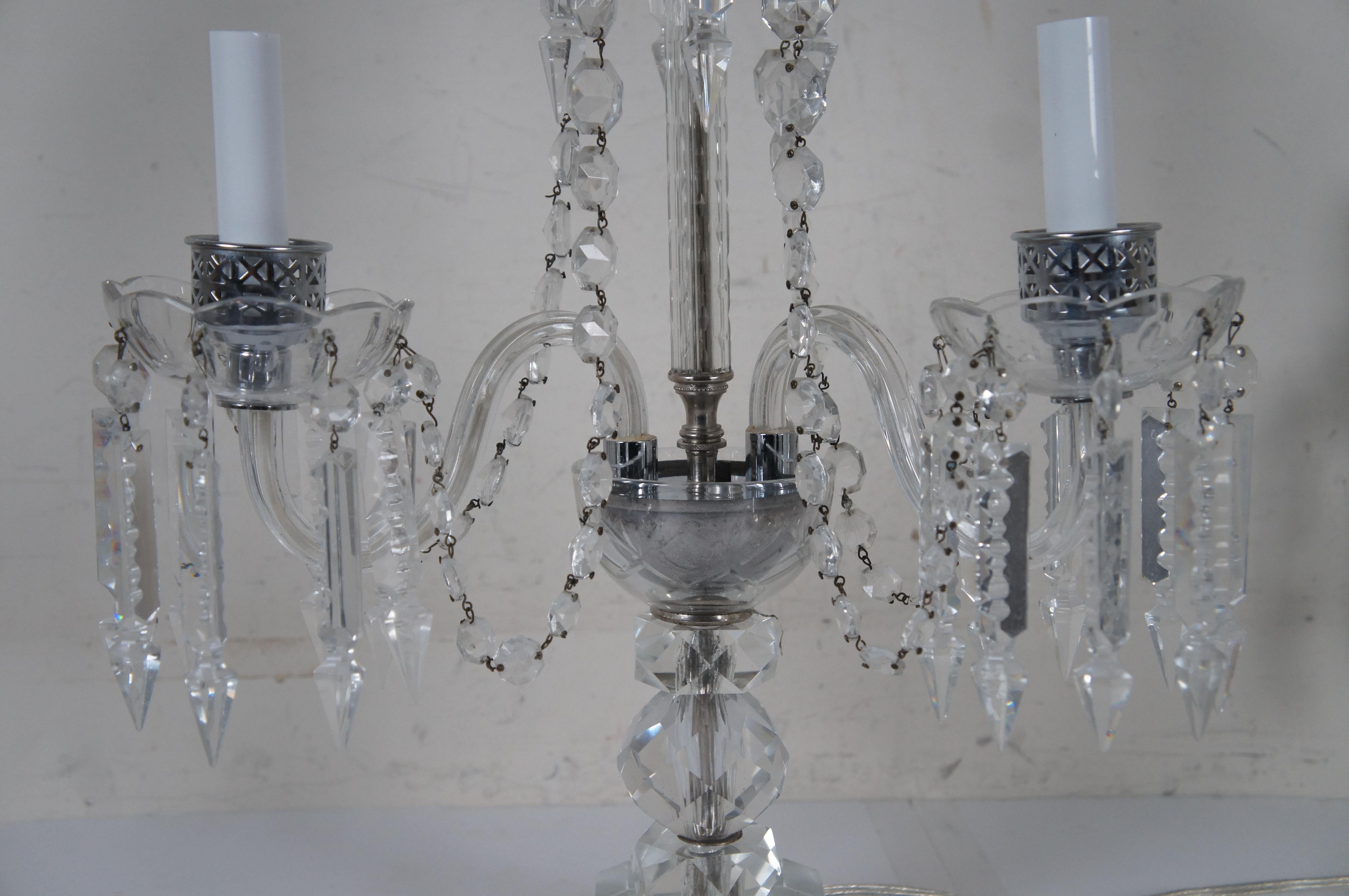 2 Vintage Bohemian Cut Crystal 3 Arm Candelabra Girandole Buffet Table Lamps For Sale 3