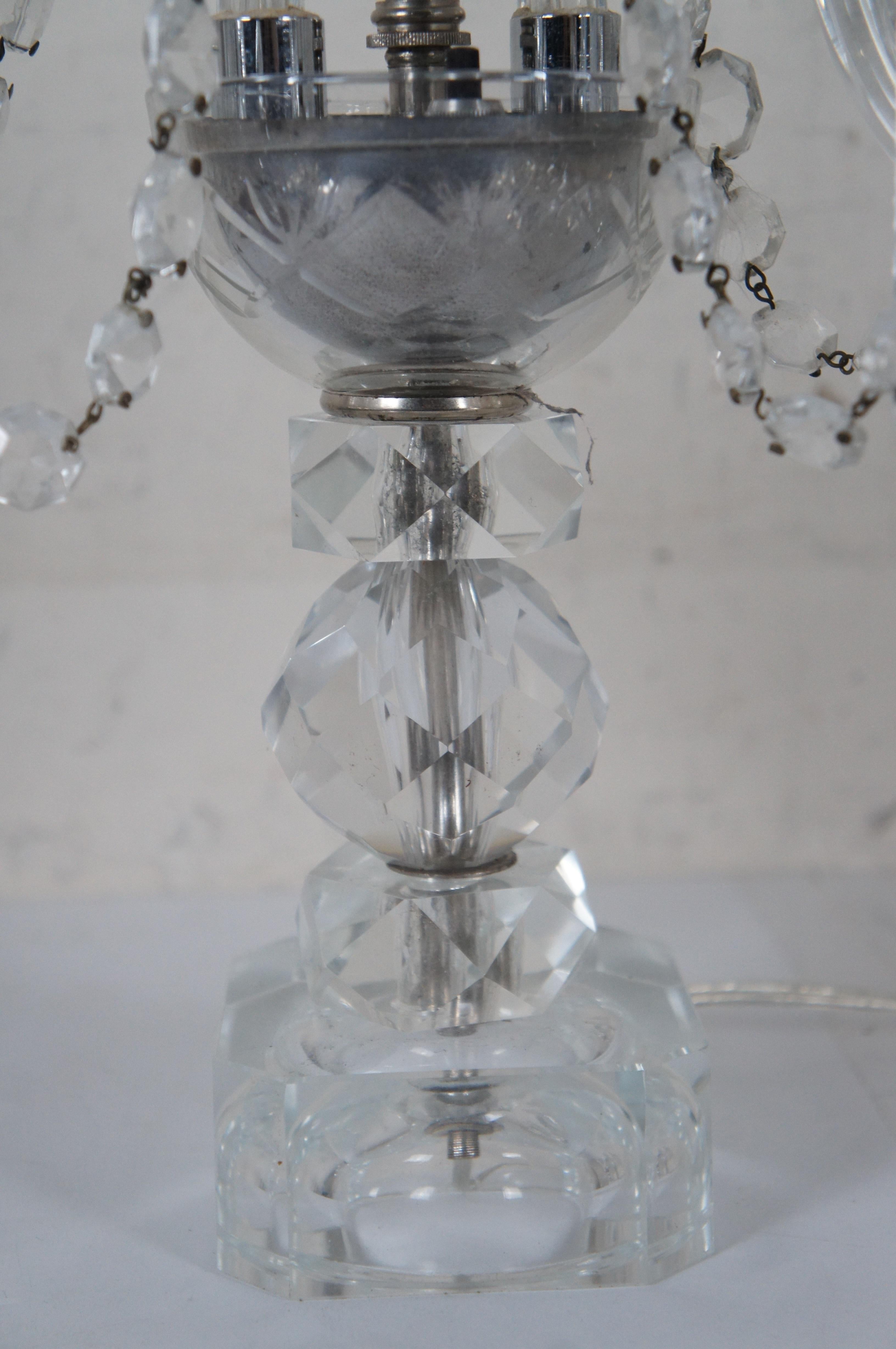 2 Vintage Bohemian Cut Crystal 3 Arm Candelabra Girandole Buffet Table Lamps For Sale 4