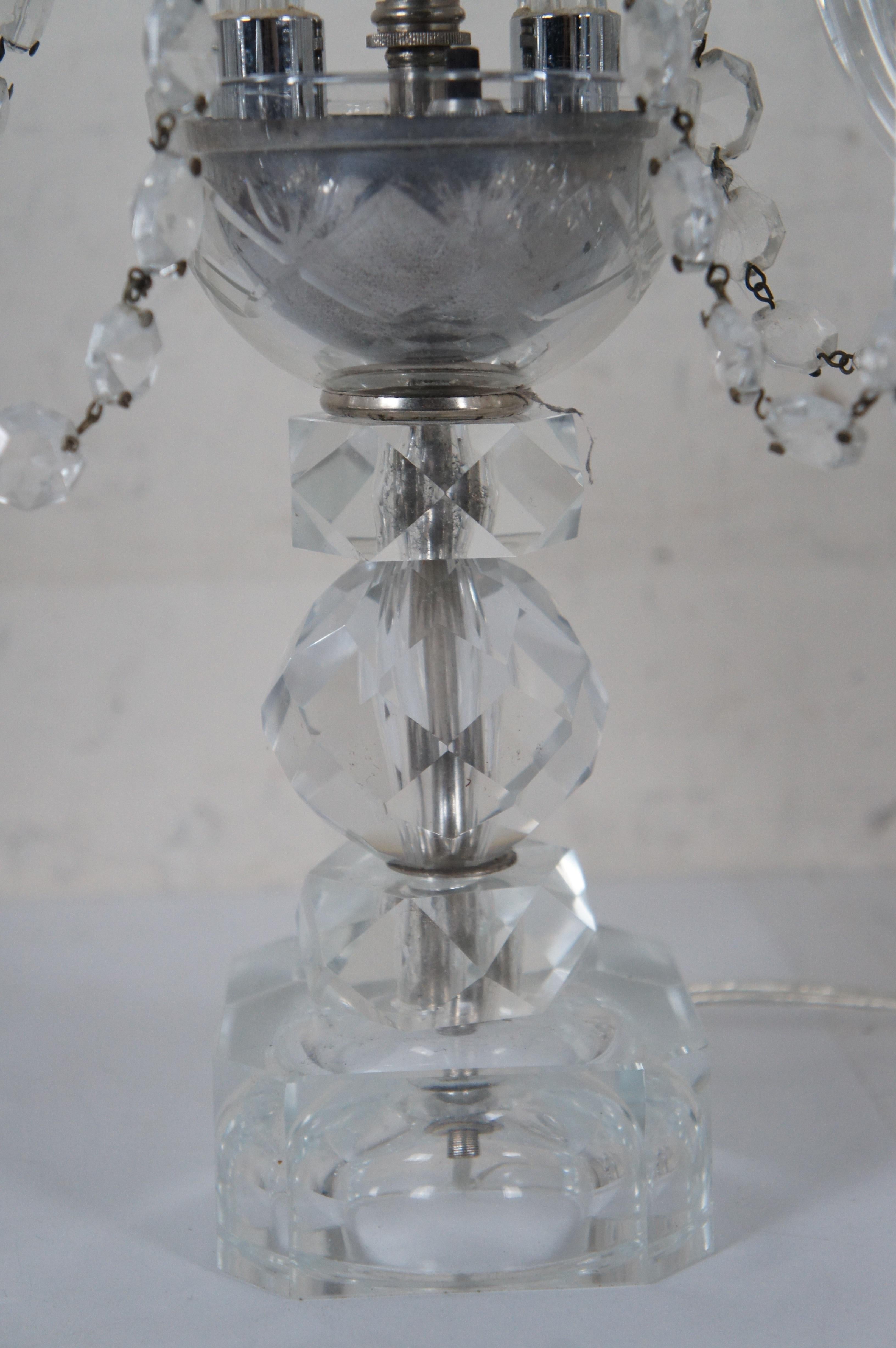 2 Vintage Bohemian Cut Crystal 3 Arm Candelabra Girandole Buffet Table Lamps 4