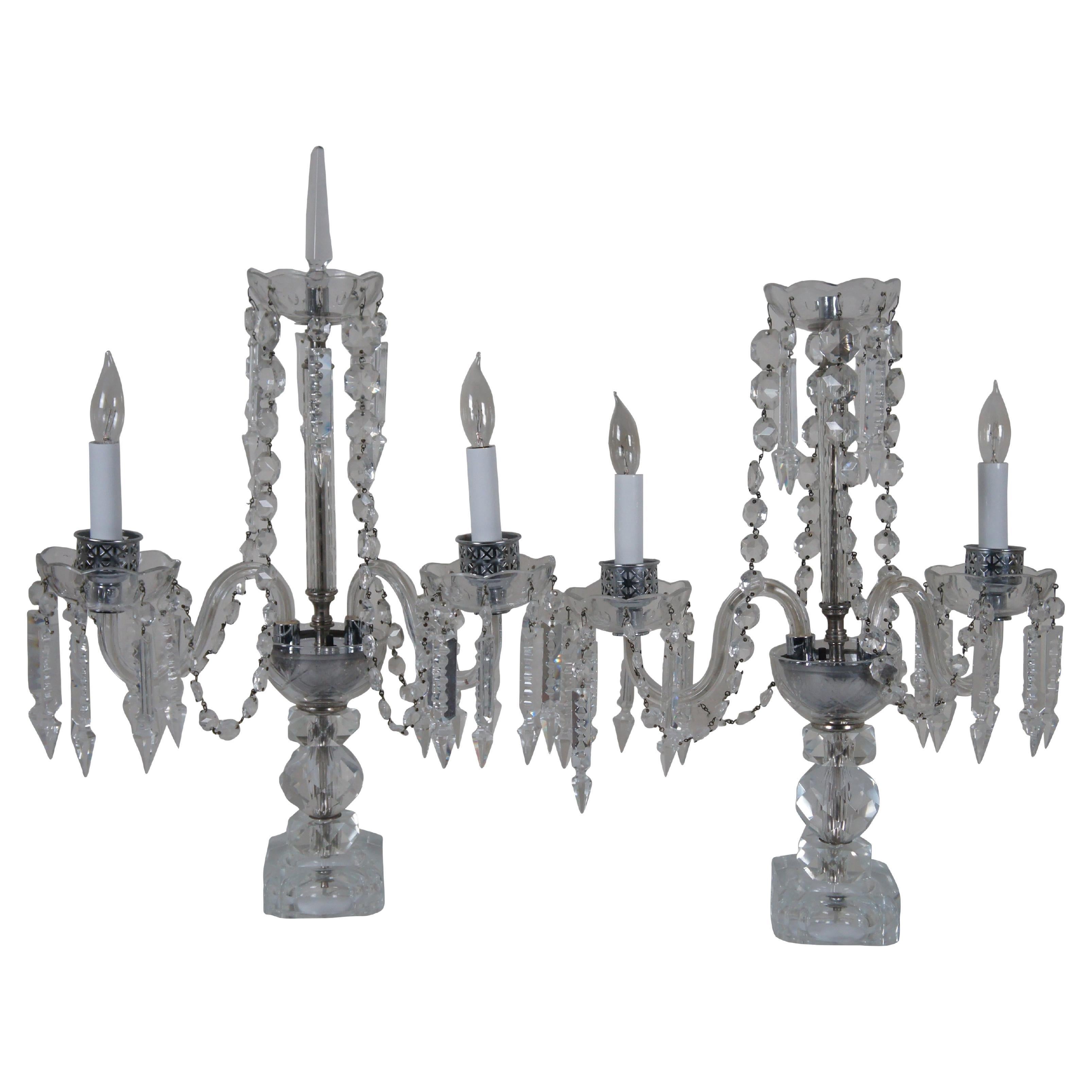 2 Vintage Bohemian Cut Crystal 3 Arm Candelabra Girandole Buffet Table Lamps