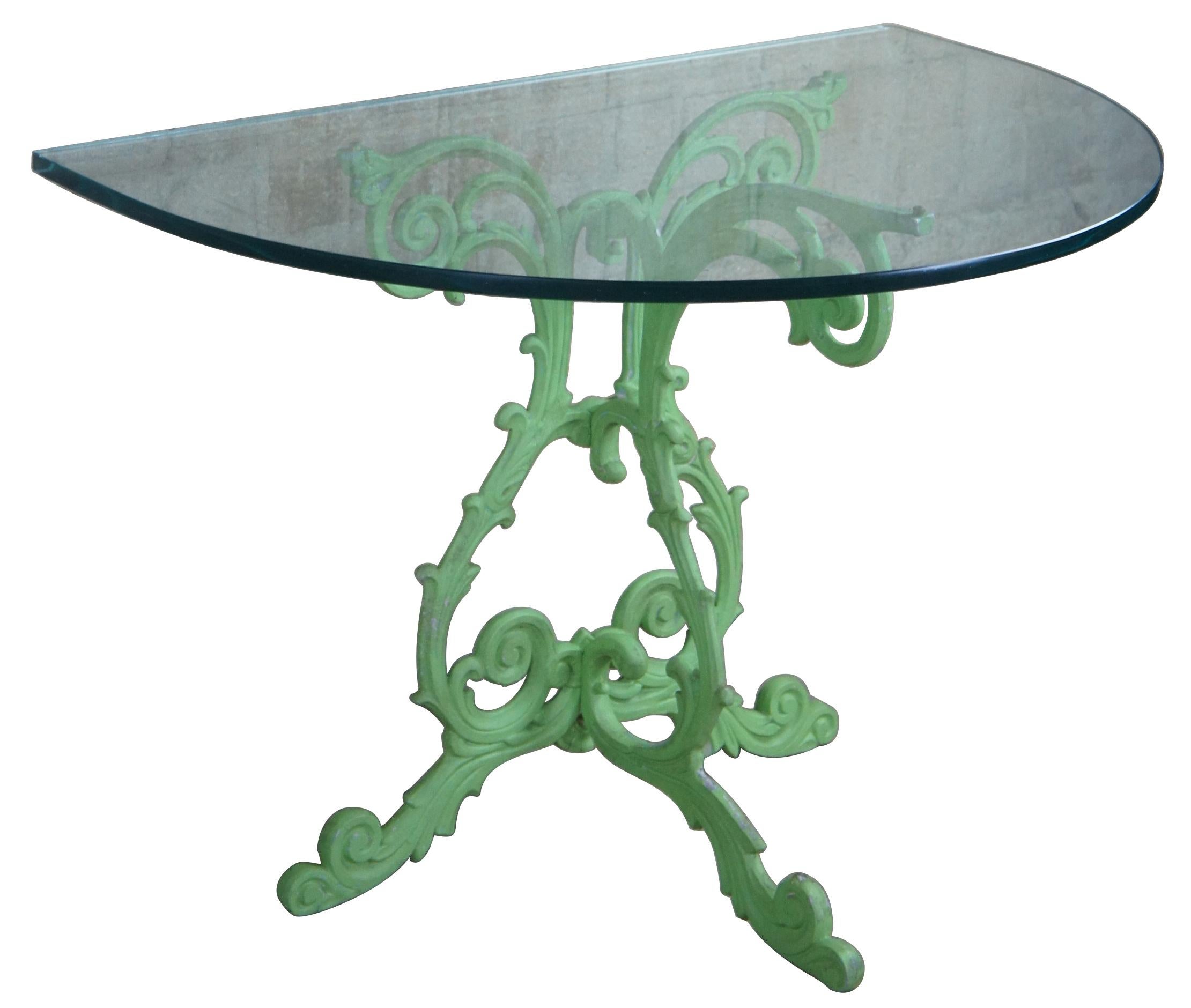 French Provincial 2 Vintage Boho Chic French Demilune Cast Iron & Glass Side Entry Console Tables For Sale