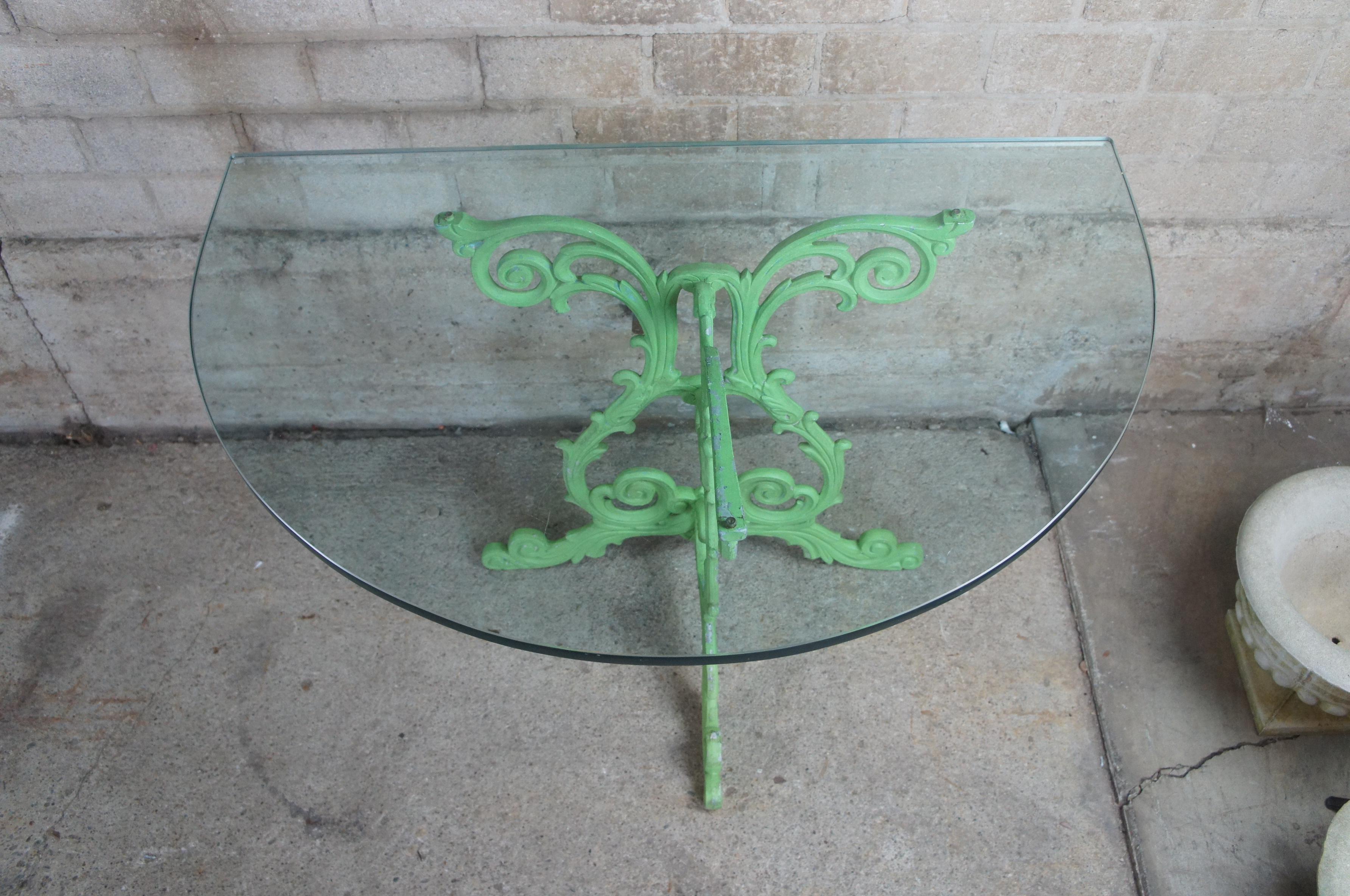 2 Vintage Boho Chic French Demilune Cast Iron & Glass Side Entry Console Tables In Good Condition For Sale In Dayton, OH