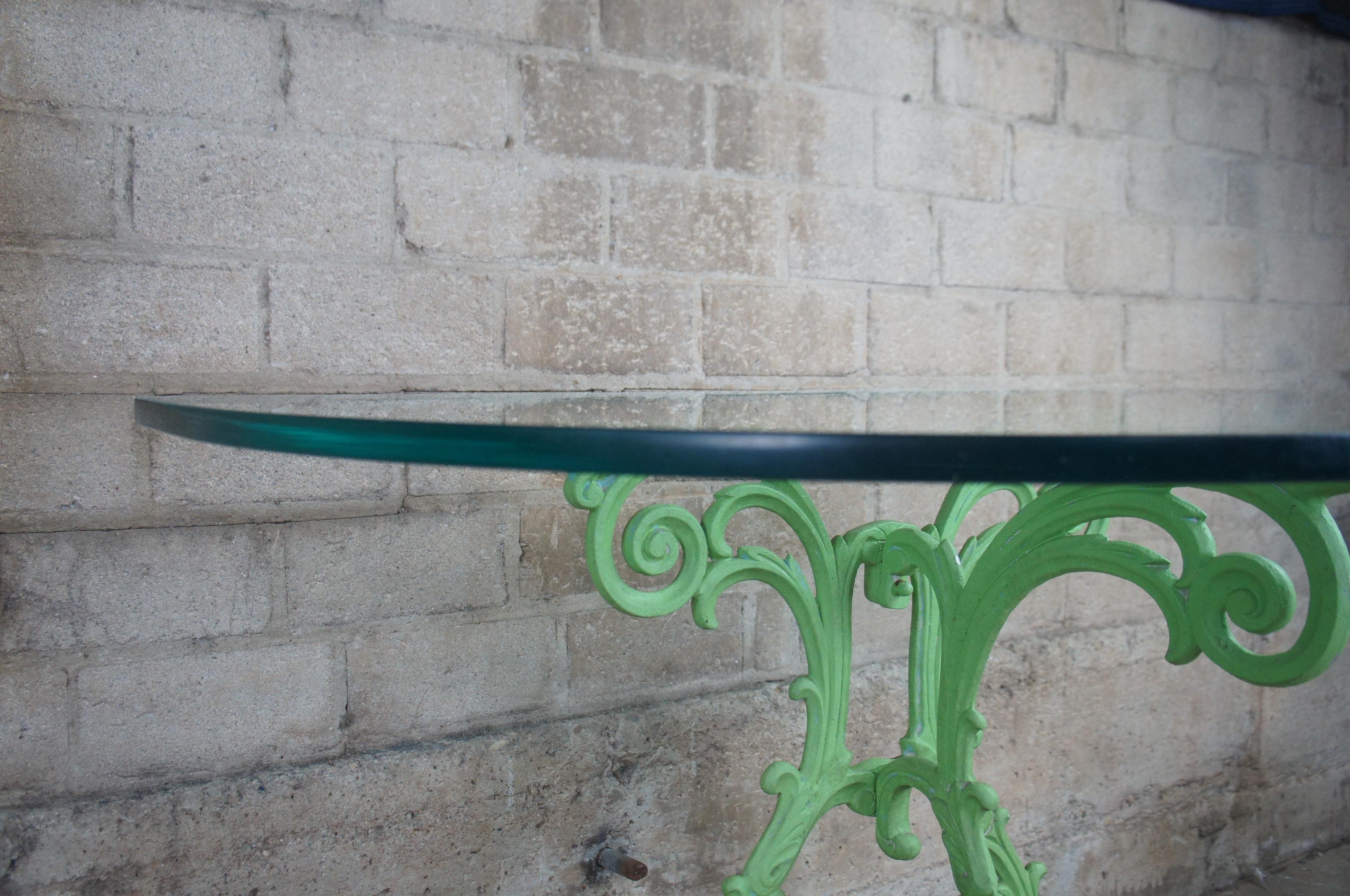 2 Vintage Boho Chic French Demilune Cast Iron & Glass Side Entry Console Tables For Sale 2