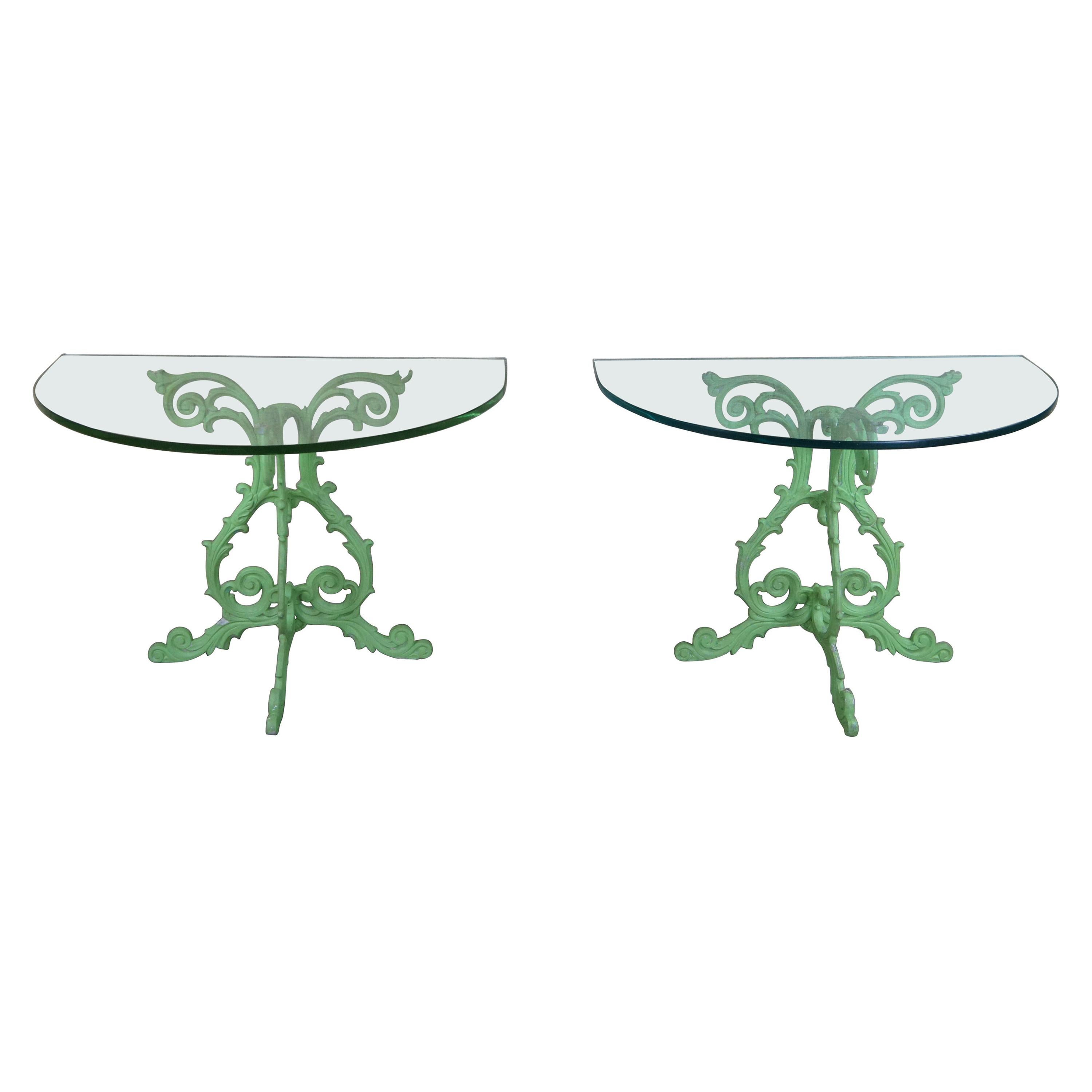 2 Vintage Boho Chic French Demilune Cast Iron & Glass Side Entry Console Tables For Sale