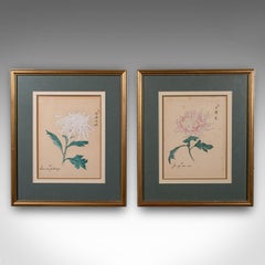 2 Vintage Botanical Pictures, Japanese, Woodblock Print, After Hasegawa, Art