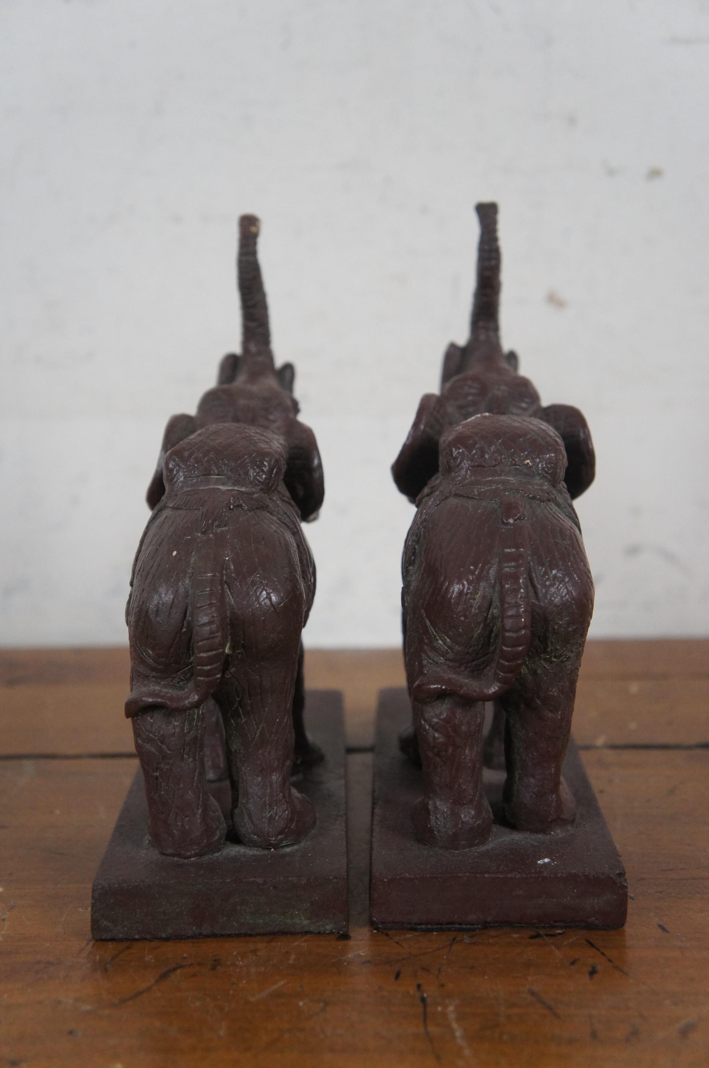 20th Century 2 Vintage Bronze Lucky Elephant Raised Trunk Bookends Paperweights  7