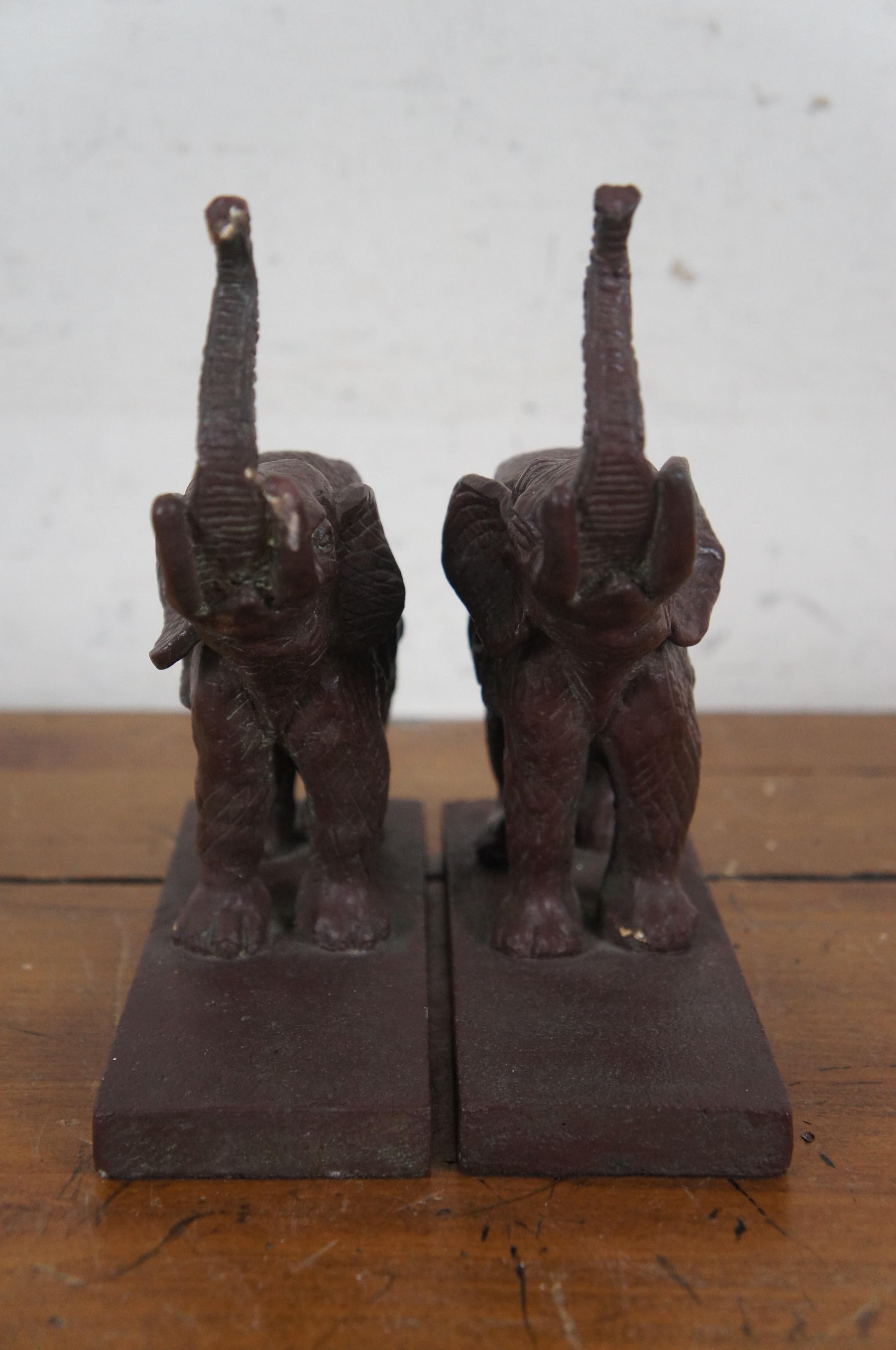 2 Vintage Bronze Lucky Elephant Raised Trunk Bookends Paperweights  7