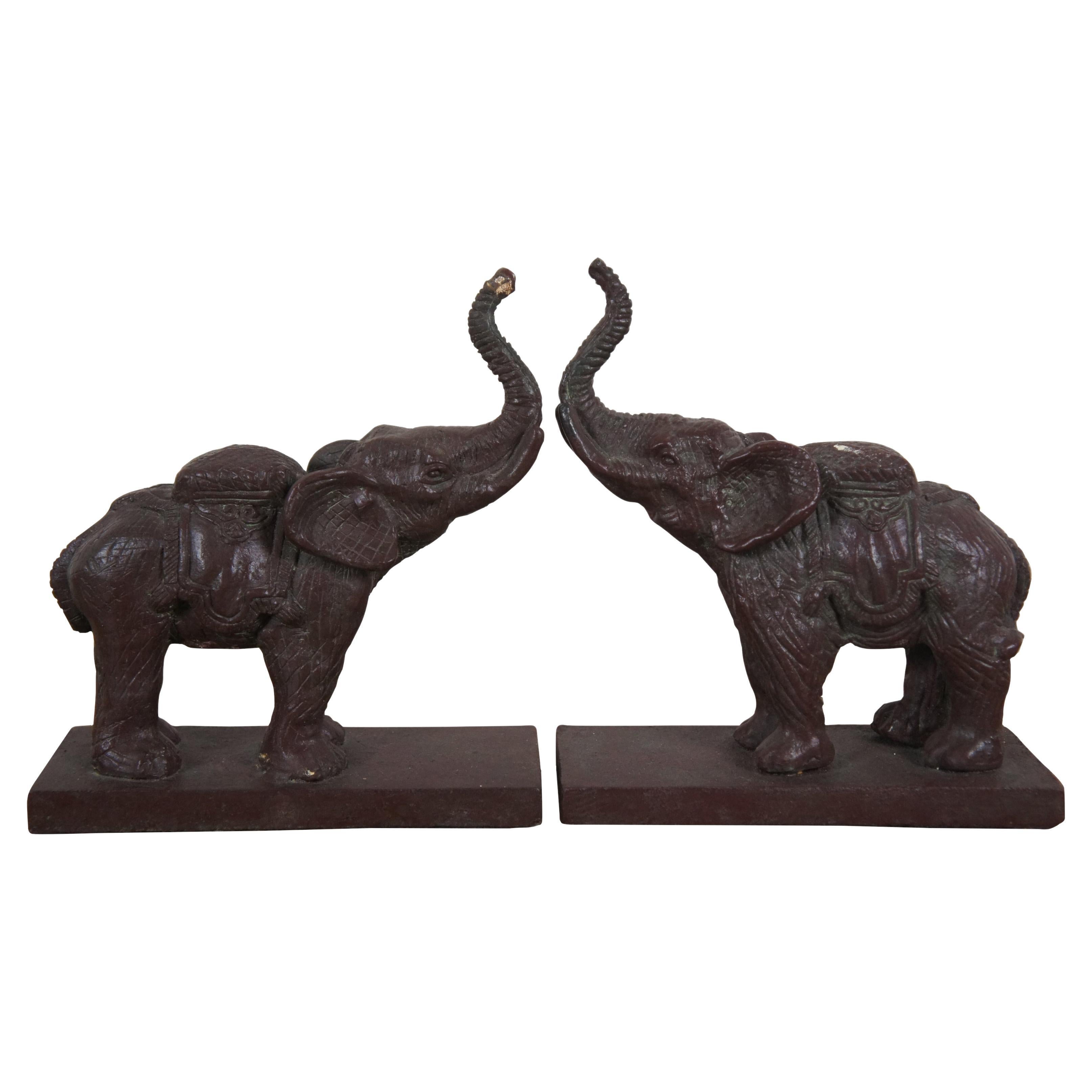 2 Vintage Bronze Lucky Elephant Raised Trunk Bookends Paperweights  7" For Sale