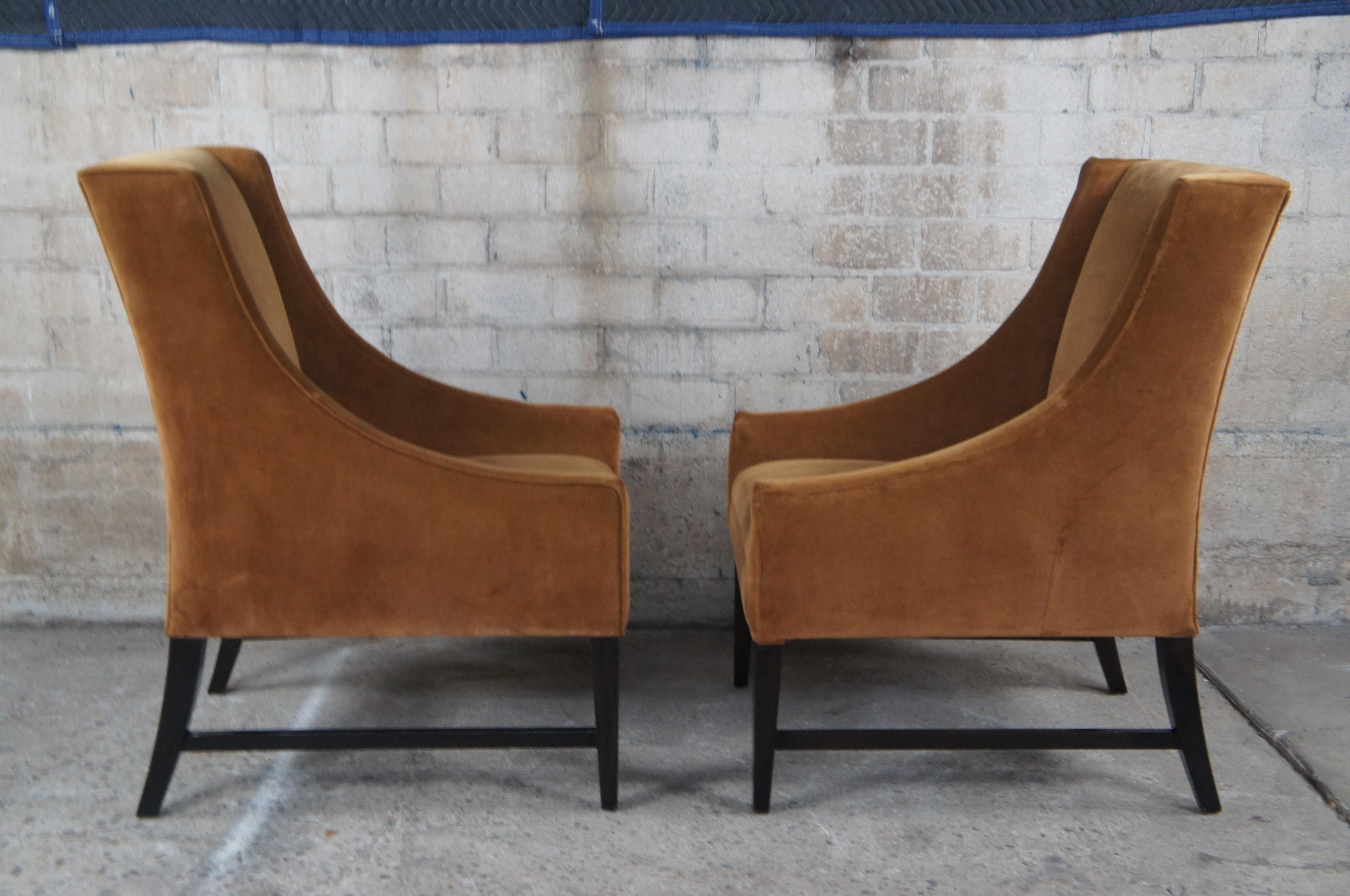 20th Century 2 Vintage Brown Velvet Swoop Arm Slipper Club Chairs Modern Library Side Accent