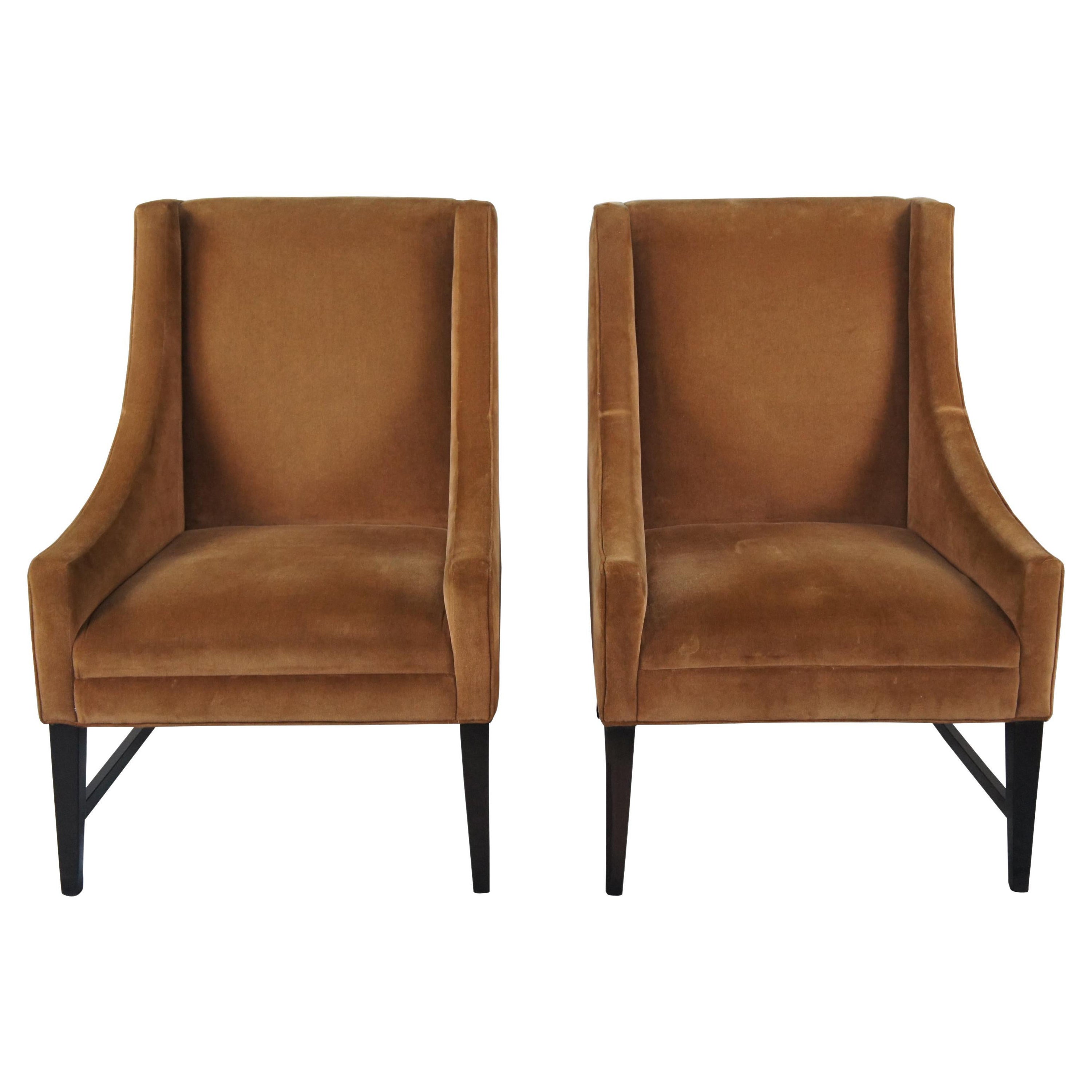 2 Vintage Brown Velvet Swoop Arm Slipper Club Chairs Modern Library Side Accent