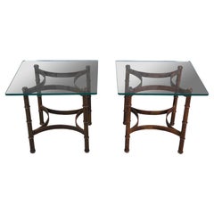 2 Vintage Campaign Style Square Heavy Glass & Iron Side End Accent Tables