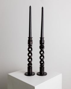 2 Vintage Candle Holders In Dark Wood Twisted Timeless Design Italy, 1970s