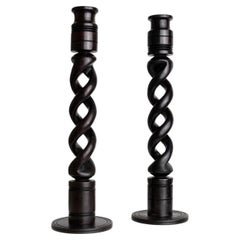 2 Vintage Candle Holders In Dark Wood Twisted Timeless Design Italy, 1970s