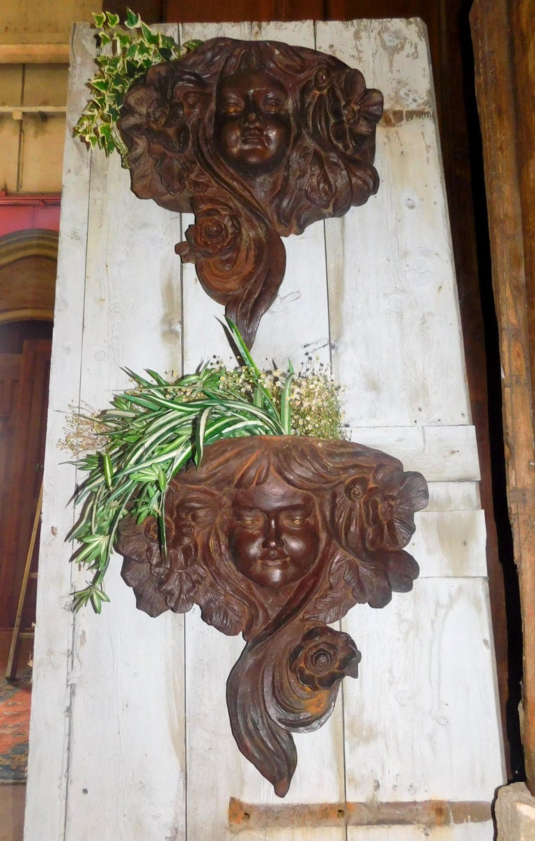 2 Vintage Cast Iron Vases, Liberty with Faces and Flowers, 20th Century