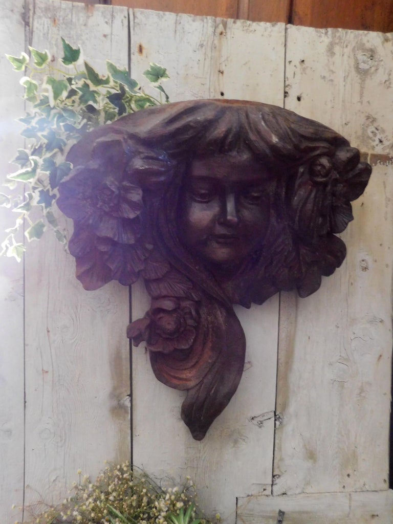 2 Vintage Cast Iron Vases, Liberty with Faces and Flowers, 20th Century