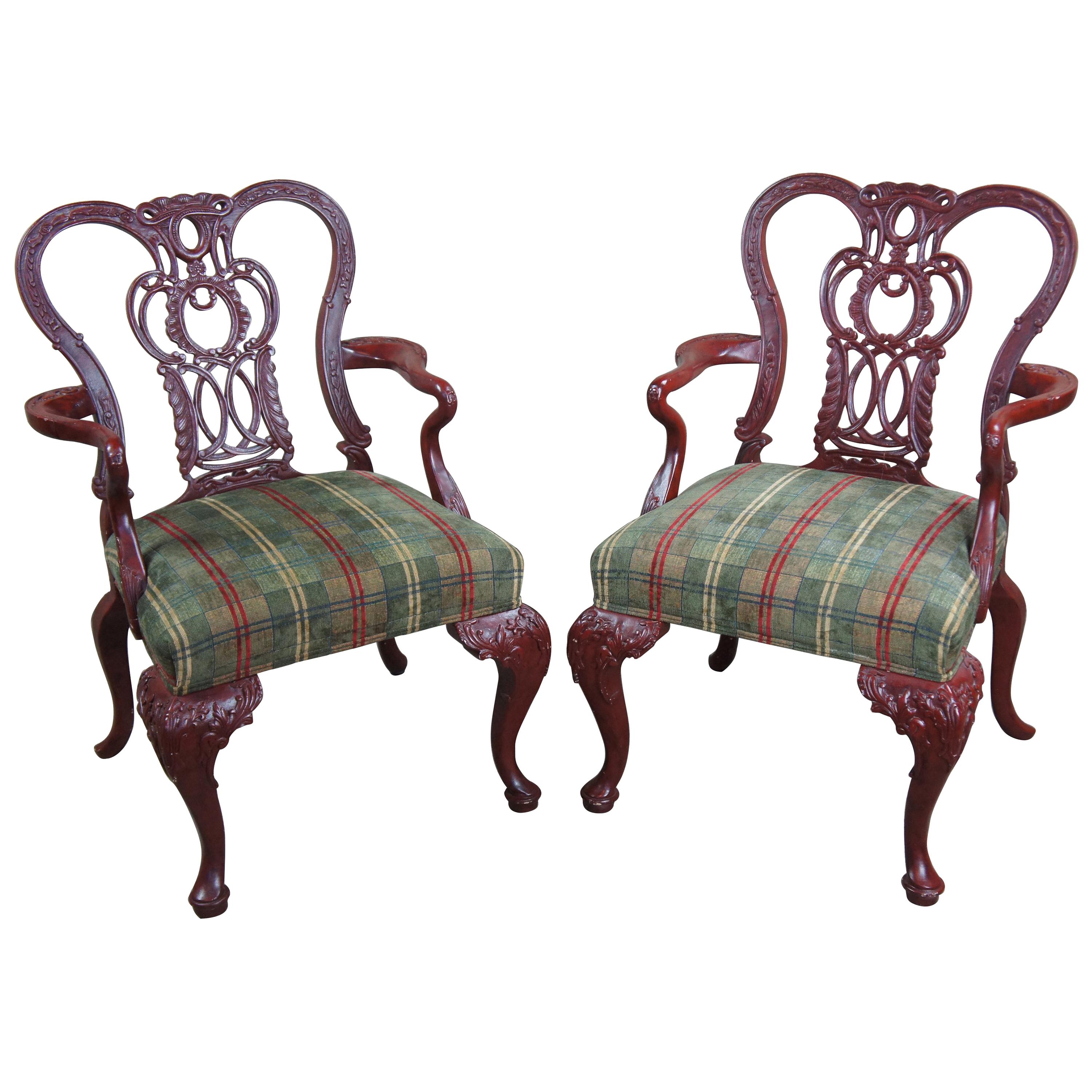 2 Vintage Century Furniture Chippendale Gooseneck Red Mahogany Arm Accent Chairs