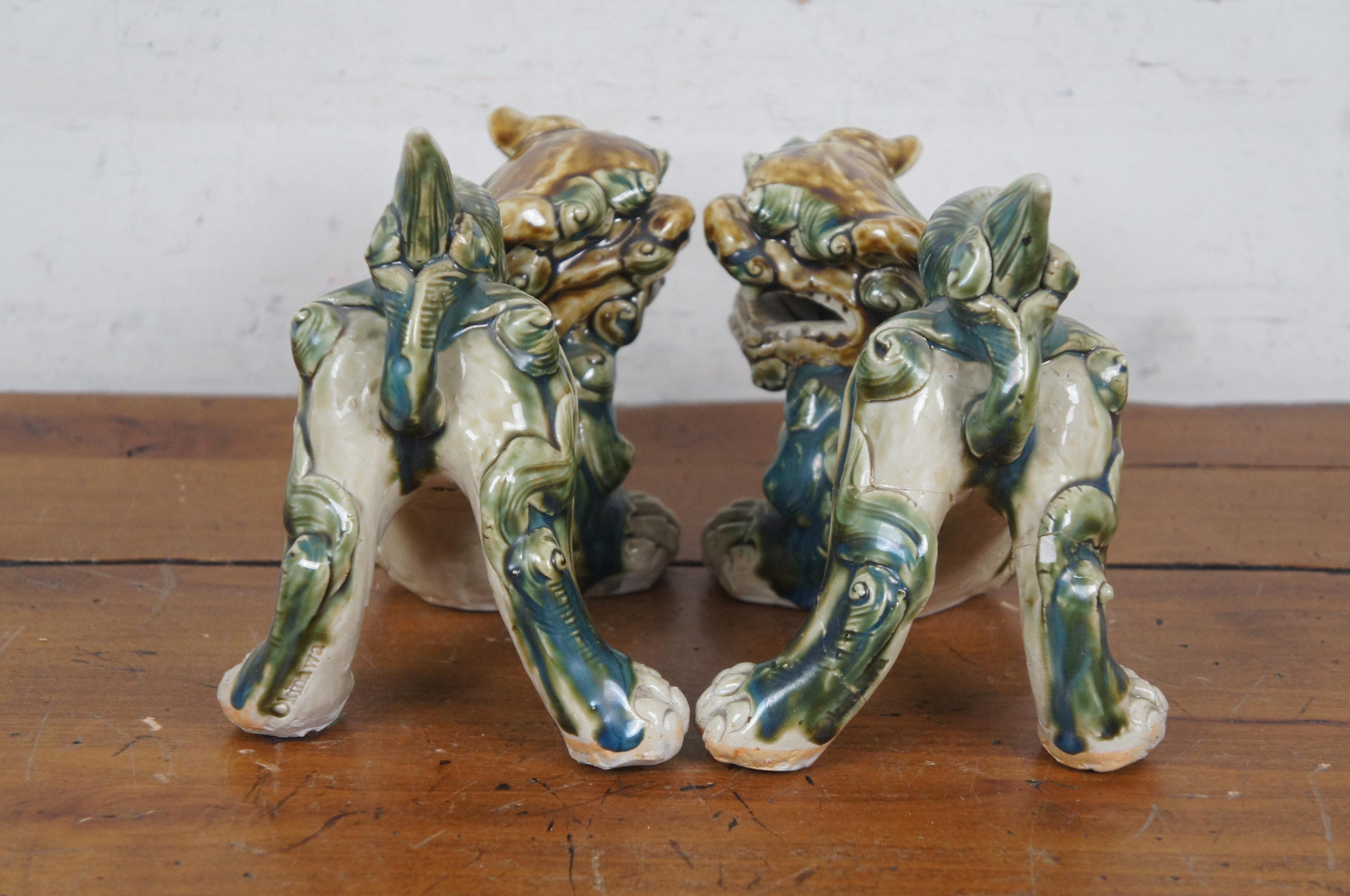 2 Vintage Ceramic Okinawa Shishi Shisa Guardain Lion Fu Foo Dog Figurines 8