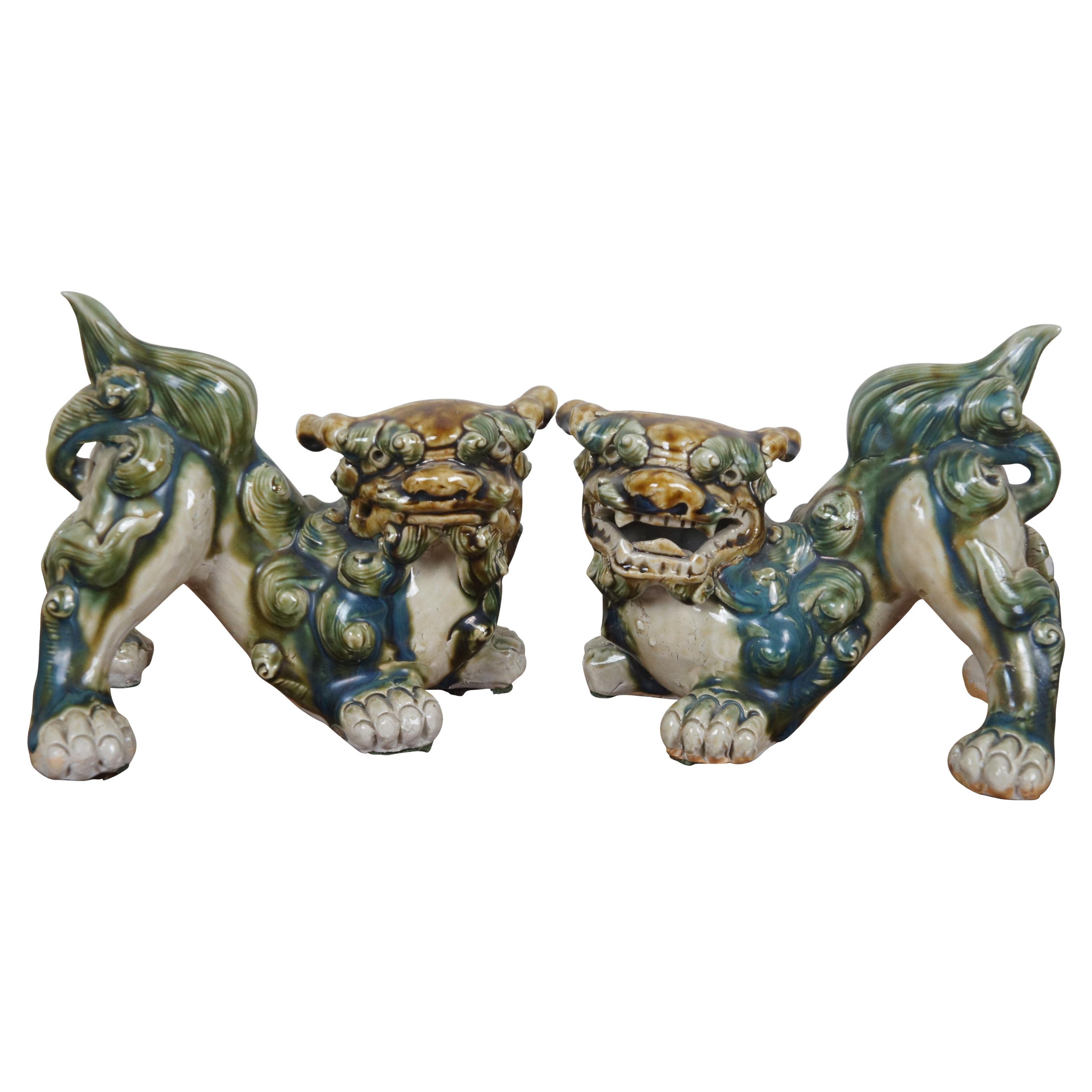 2 Vintage Ceramic Okinawa Shishi Shisa Guardain Lion Fu Foo Dog Figurines 8"