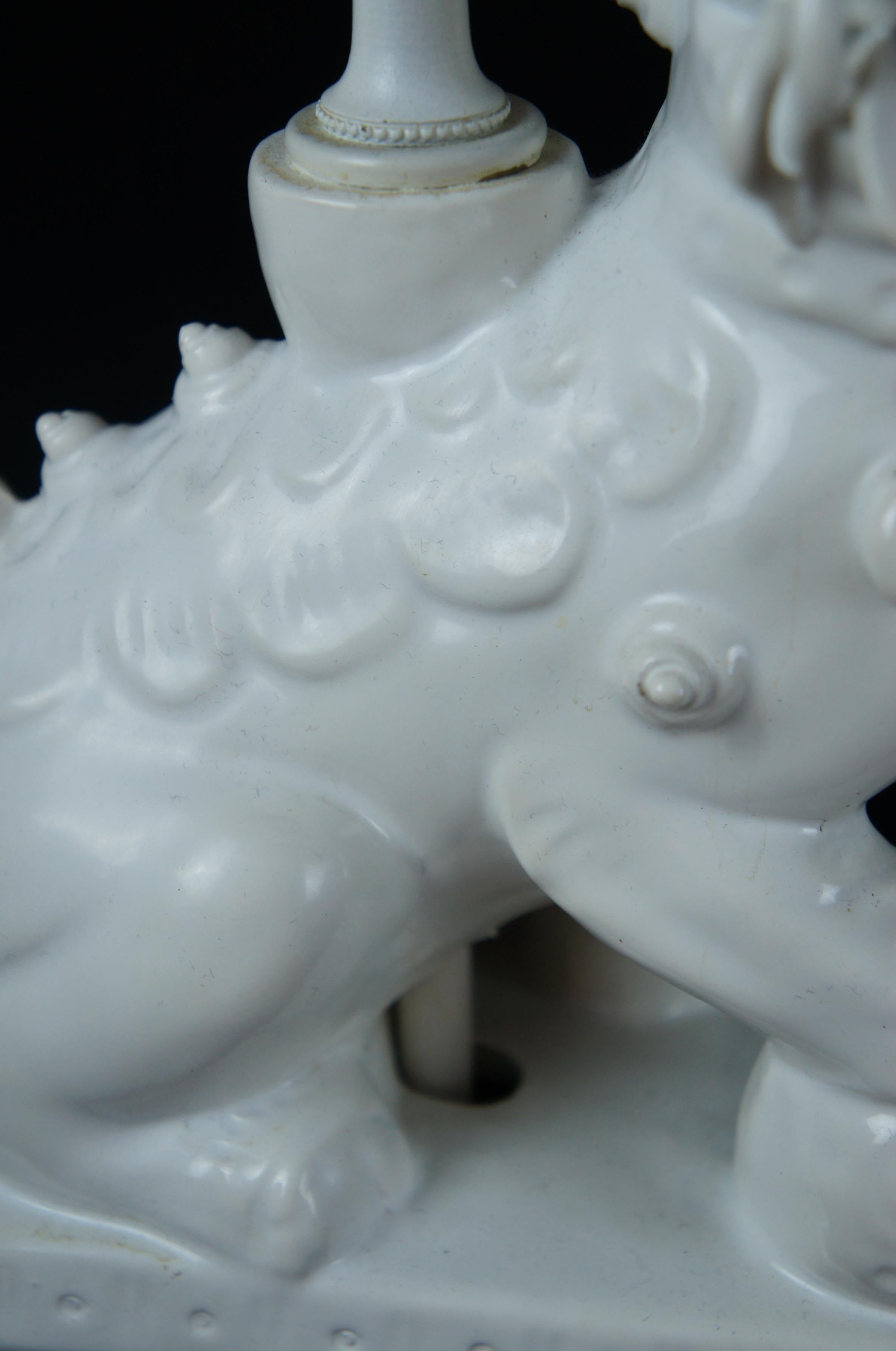 2 Vintage Chinese Blanc De Chine White Dehua Porcelain Foo Fu Dog Lamps For Sale 2