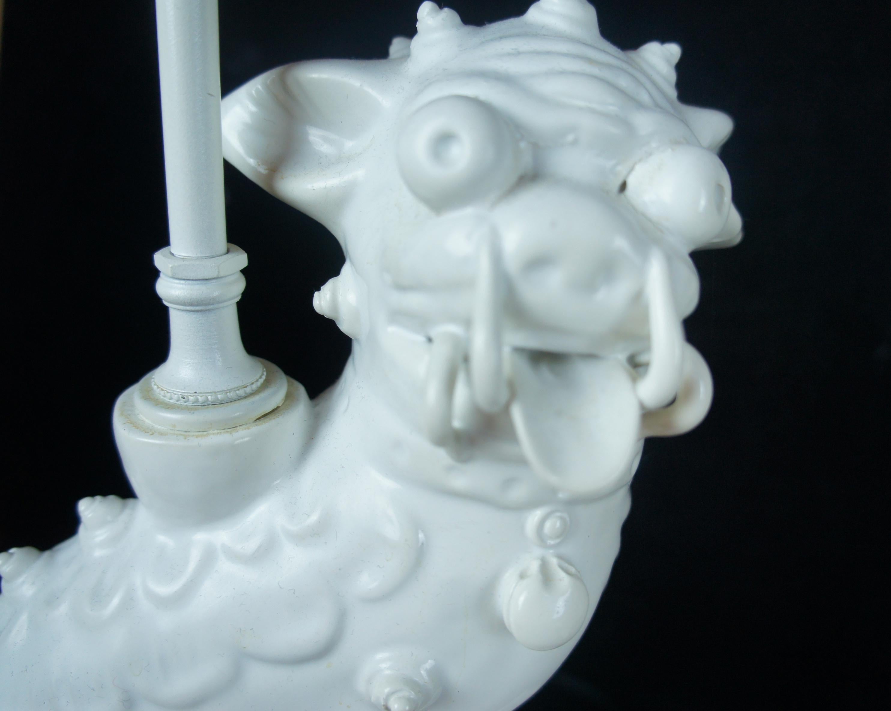 Chinoiserie 2 Vintage Chinese Blanc De Chine White Dehua Porcelain Foo Fu Dog Lamps For Sale