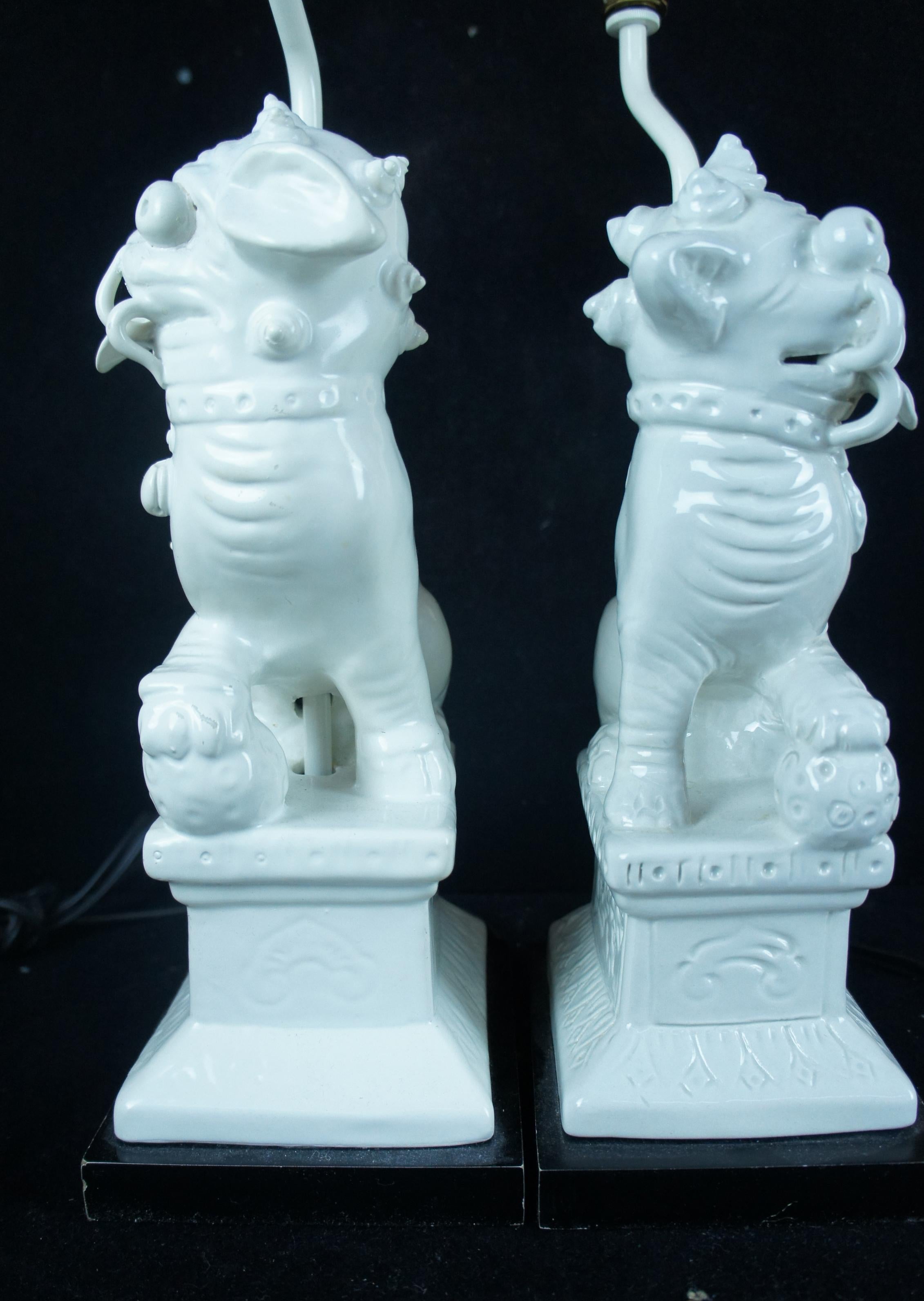 20th Century 2 Vintage Chinese Blanc De Chine White Dehua Porcelain Foo Fu Dog Lamps For Sale