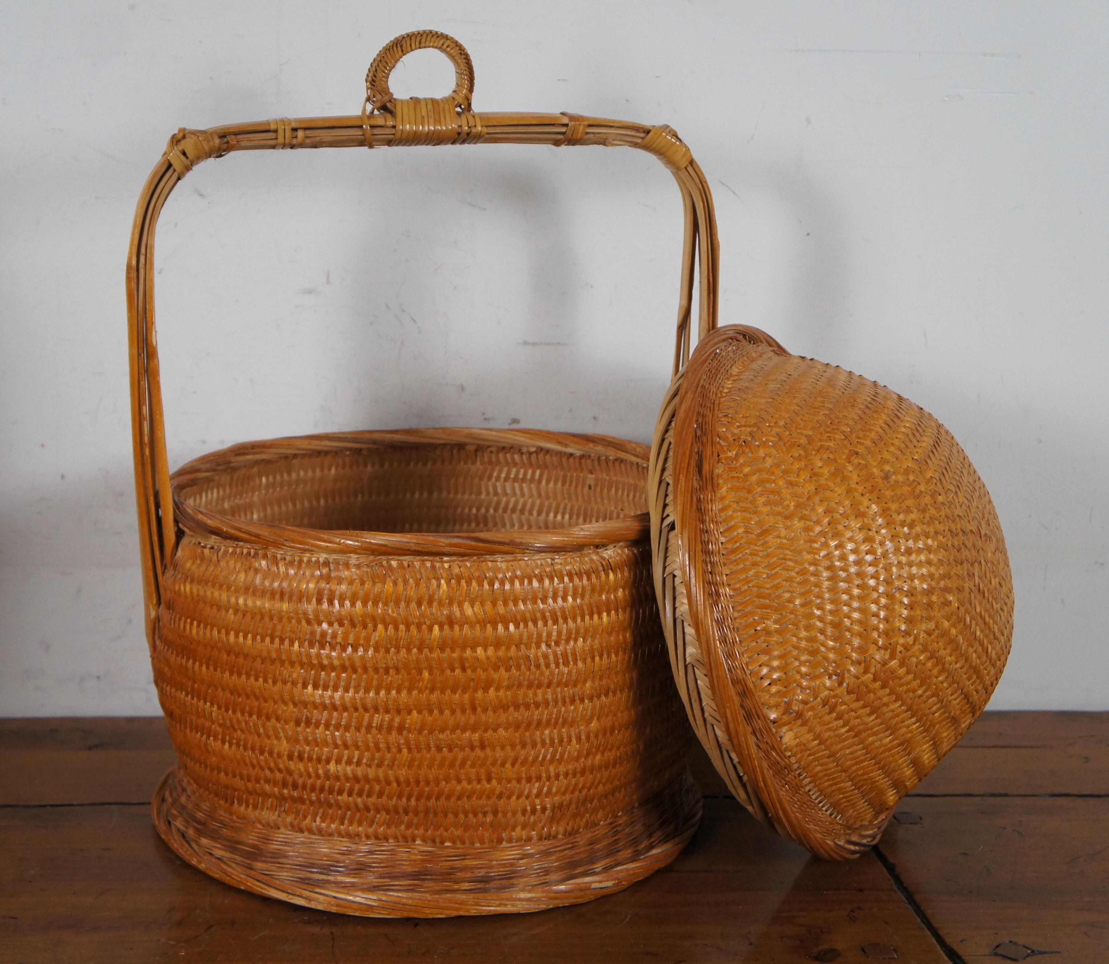 2 Vintage Chinese Wicker Rattan Stacking Tiered Lidded Wedding Baskets 5