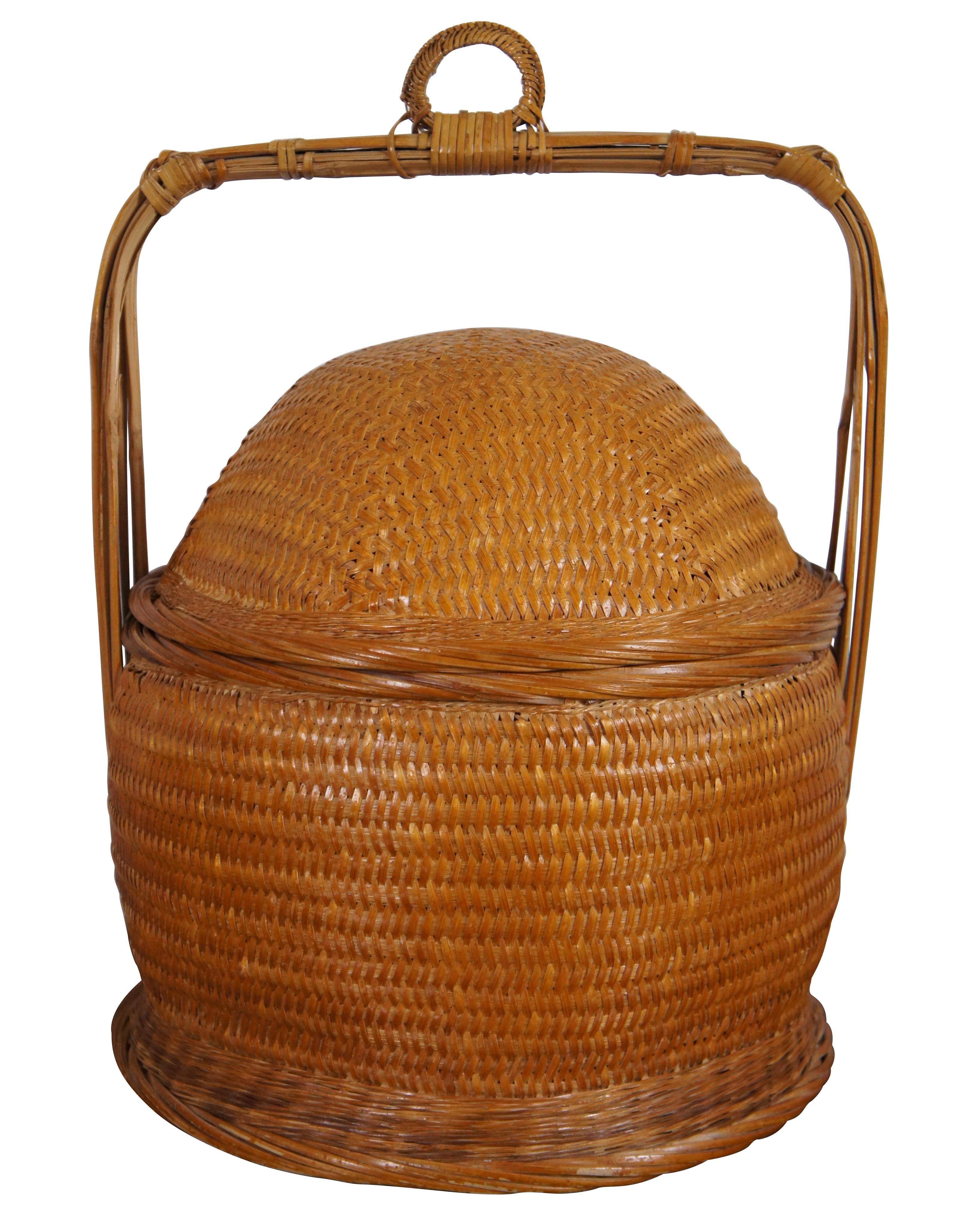 Chinoiserie 2 Vintage Chinese Wicker Rattan Stacking Tiered Lidded Wedding Baskets