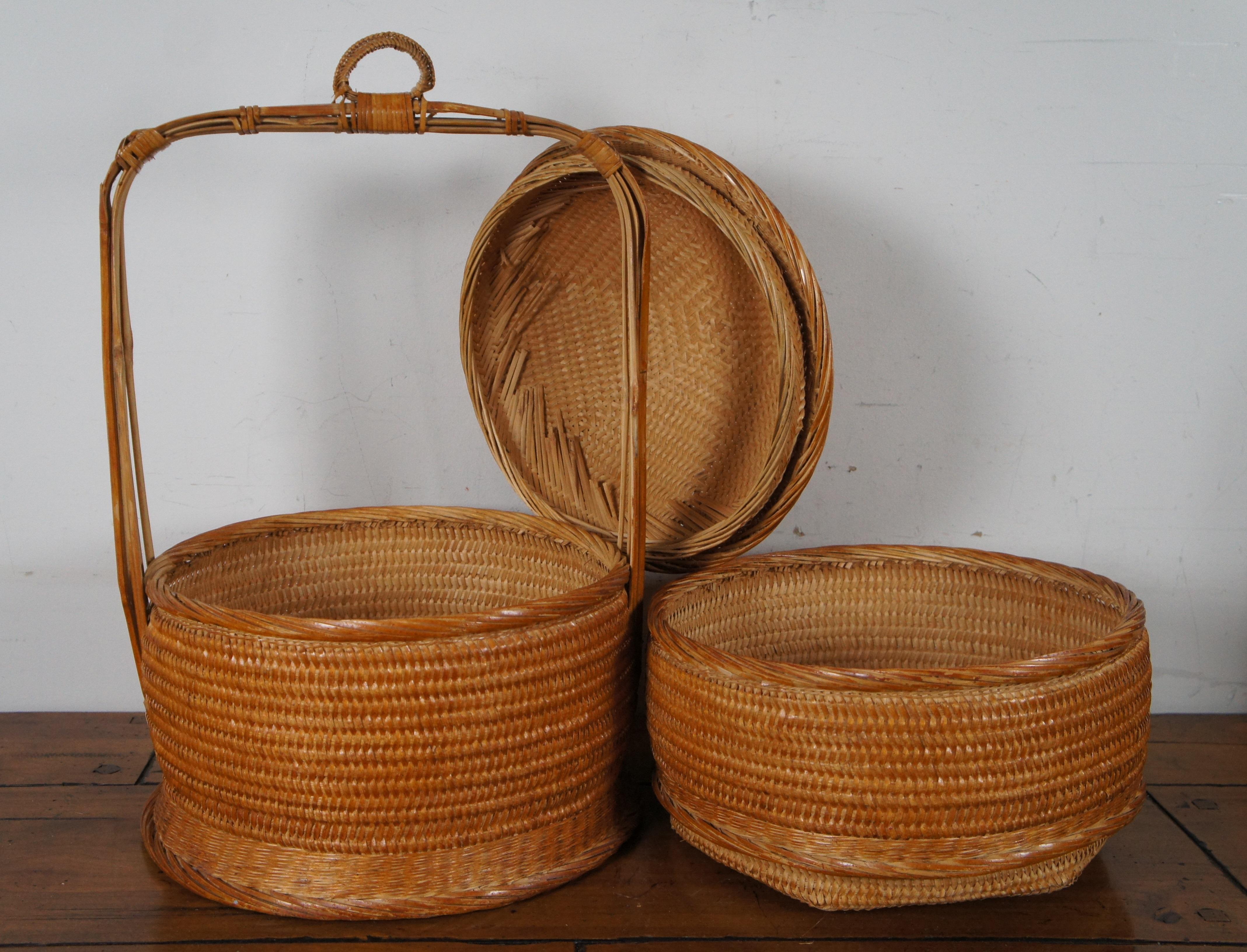2 Vintage Chinese Wicker Rattan Stacking Tiered Lidded Wedding Baskets 4