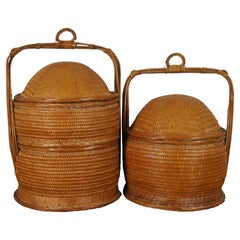 2 Vintage Chinese Wicker Rattan Stacking Tiered Lidded Wedding Baskets
