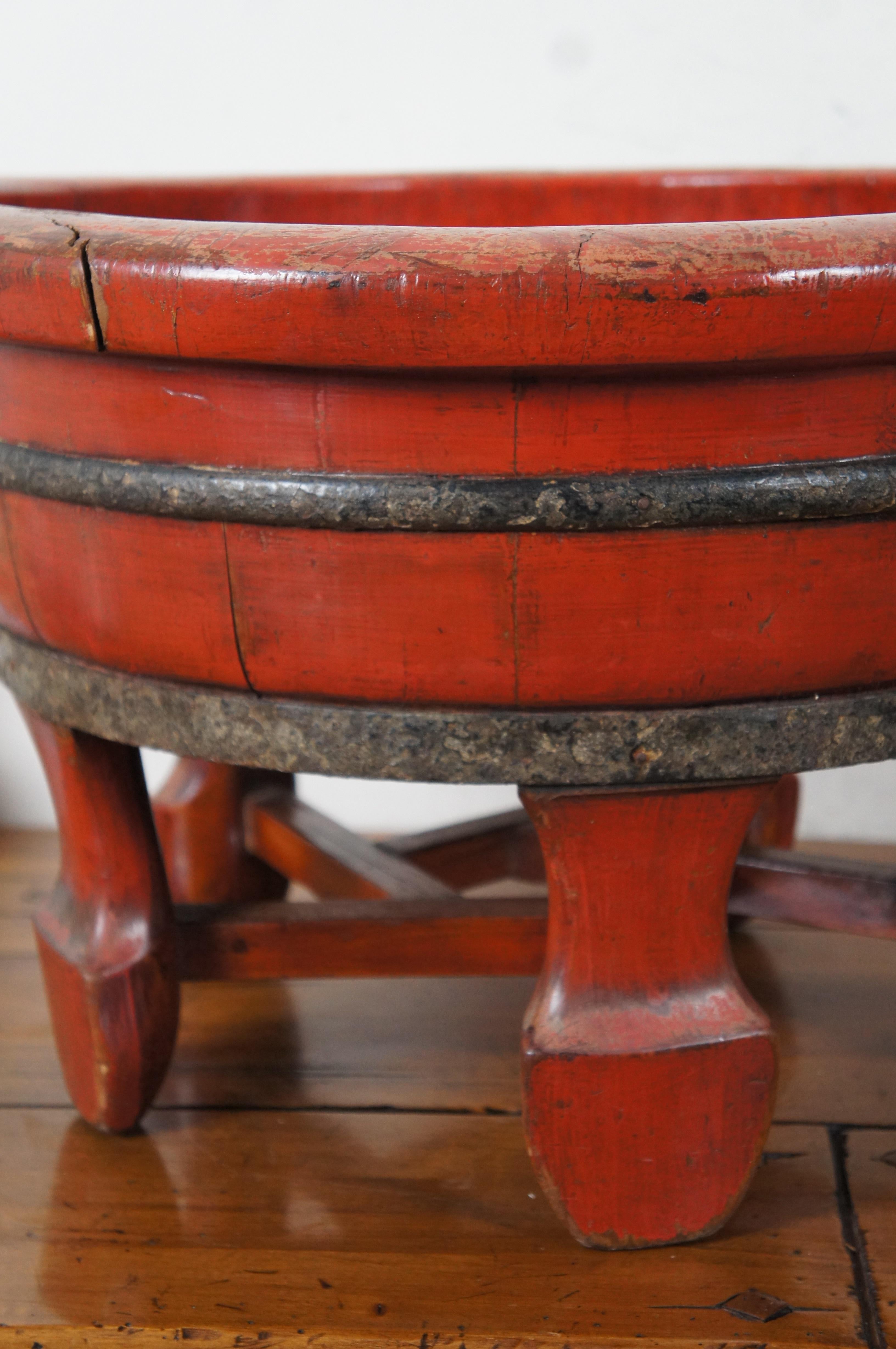 2 Vintage Chinese Wooden Red Lacquer & Iron Half Barrel Wash Basin Planters Pair 6
