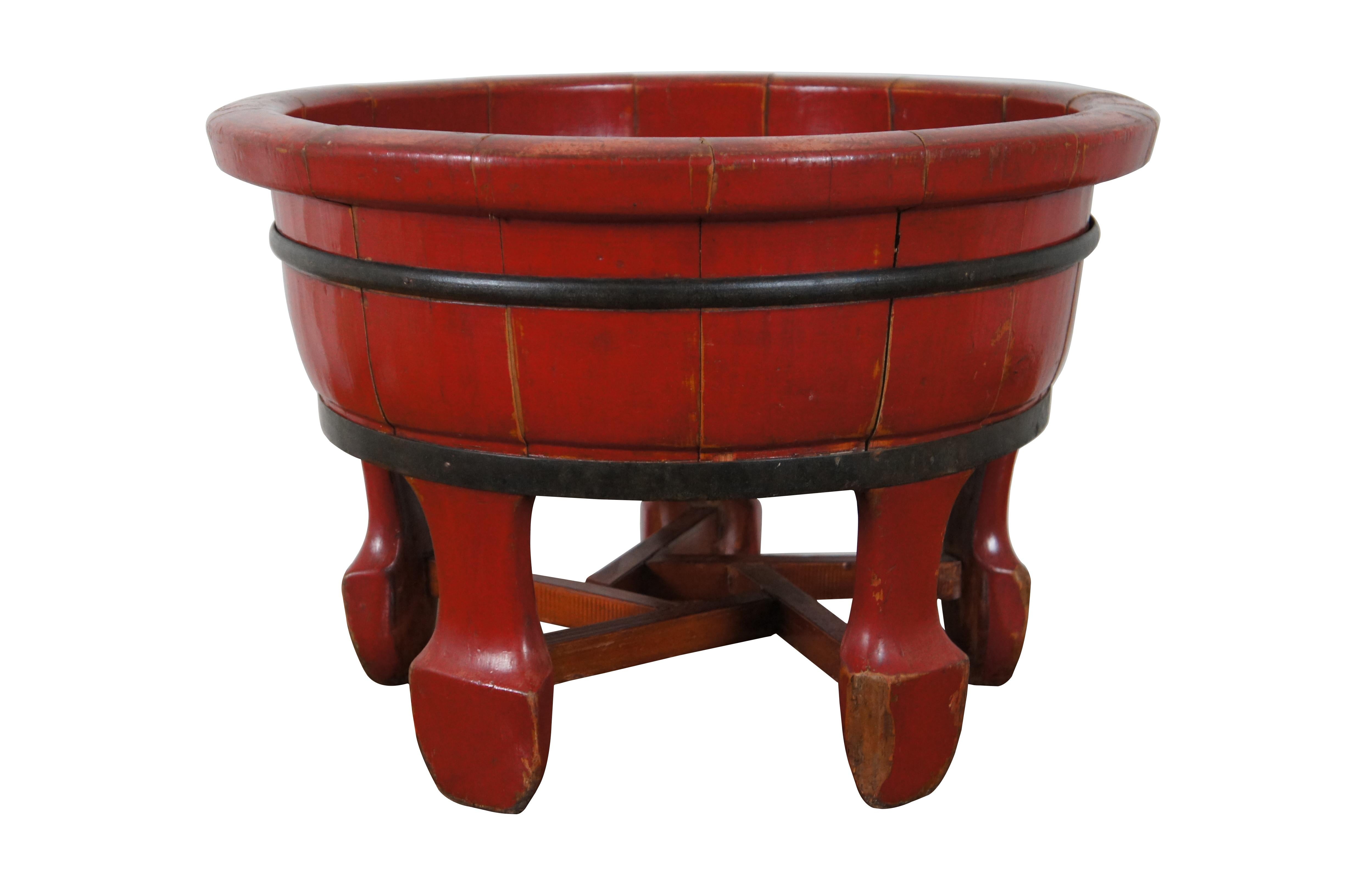 Chinoiserie 2 Vintage Chinese Wooden Red Lacquer & Iron Half Barrel Wash Basin Planters Pair