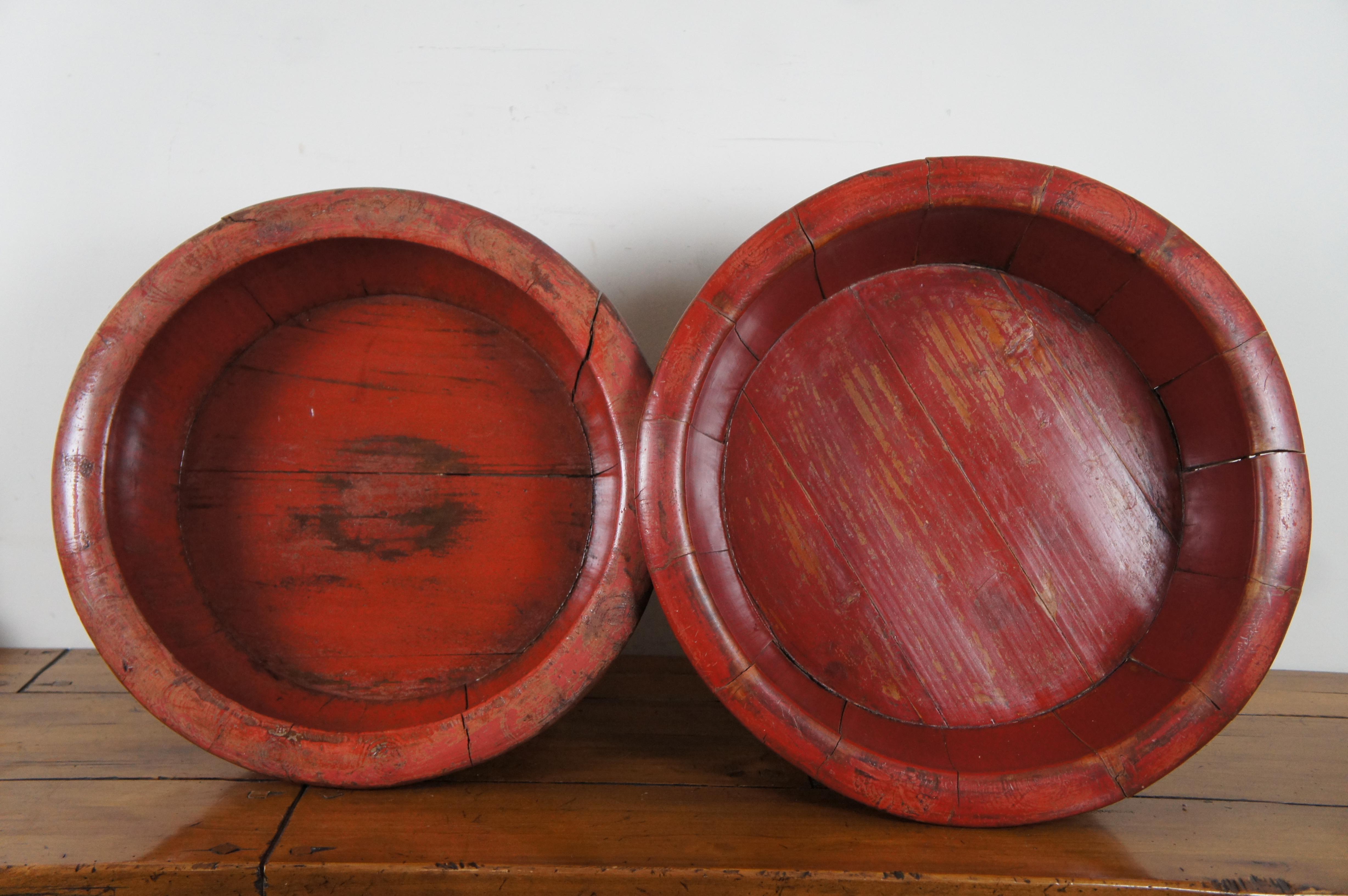 2 Vintage Chinese Wooden Red Lacquer & Iron Half Barrel Wash Basin Planters Pair In Good Condition In Dayton, OH