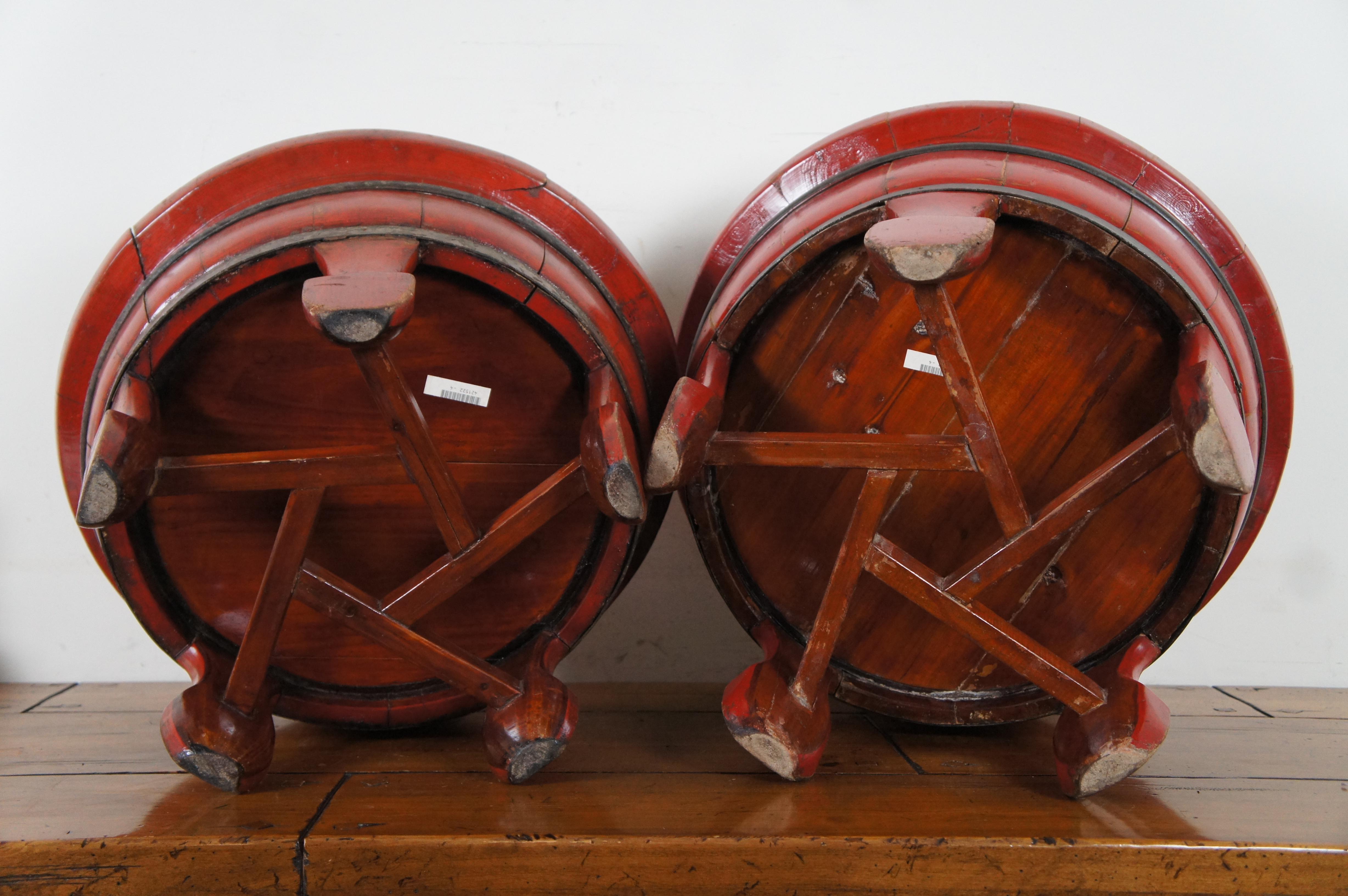 19th Century 2 Vintage Chinese Wooden Red Lacquer & Iron Half Barrel Wash Basin Planters Pair