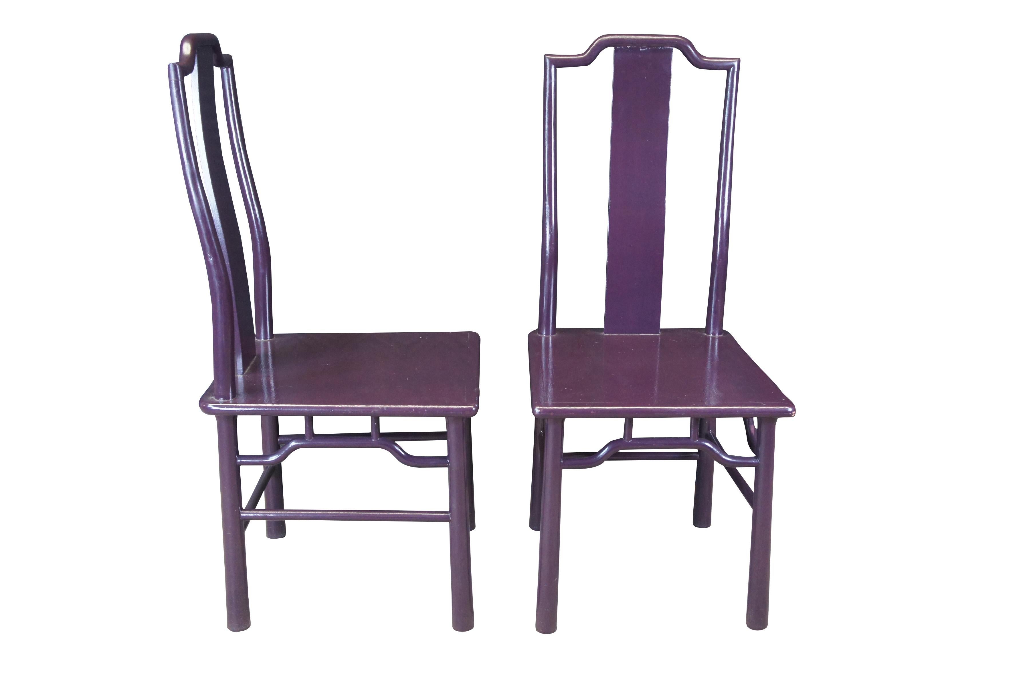 Two vintage Chinese Chinoiserie ming style side chairs featuring purple lacquer with slat backs.

Dimensions:
41.5