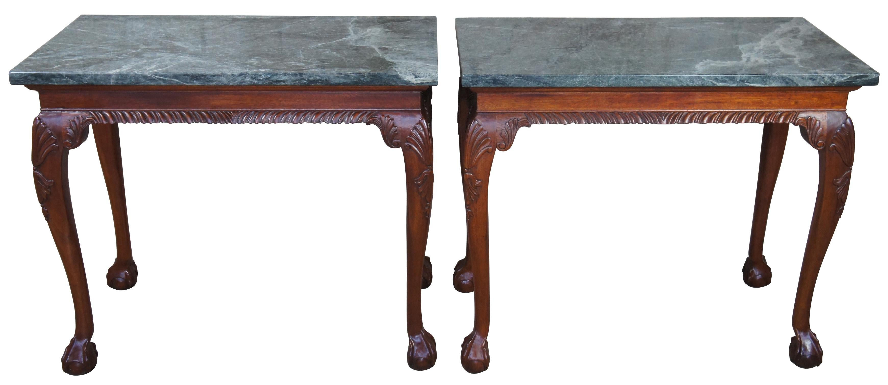 2 Vintage Chippendale Style Mahogany Carved Marble Hall Console Tables Ball Claw In Good Condition In Dayton, OH