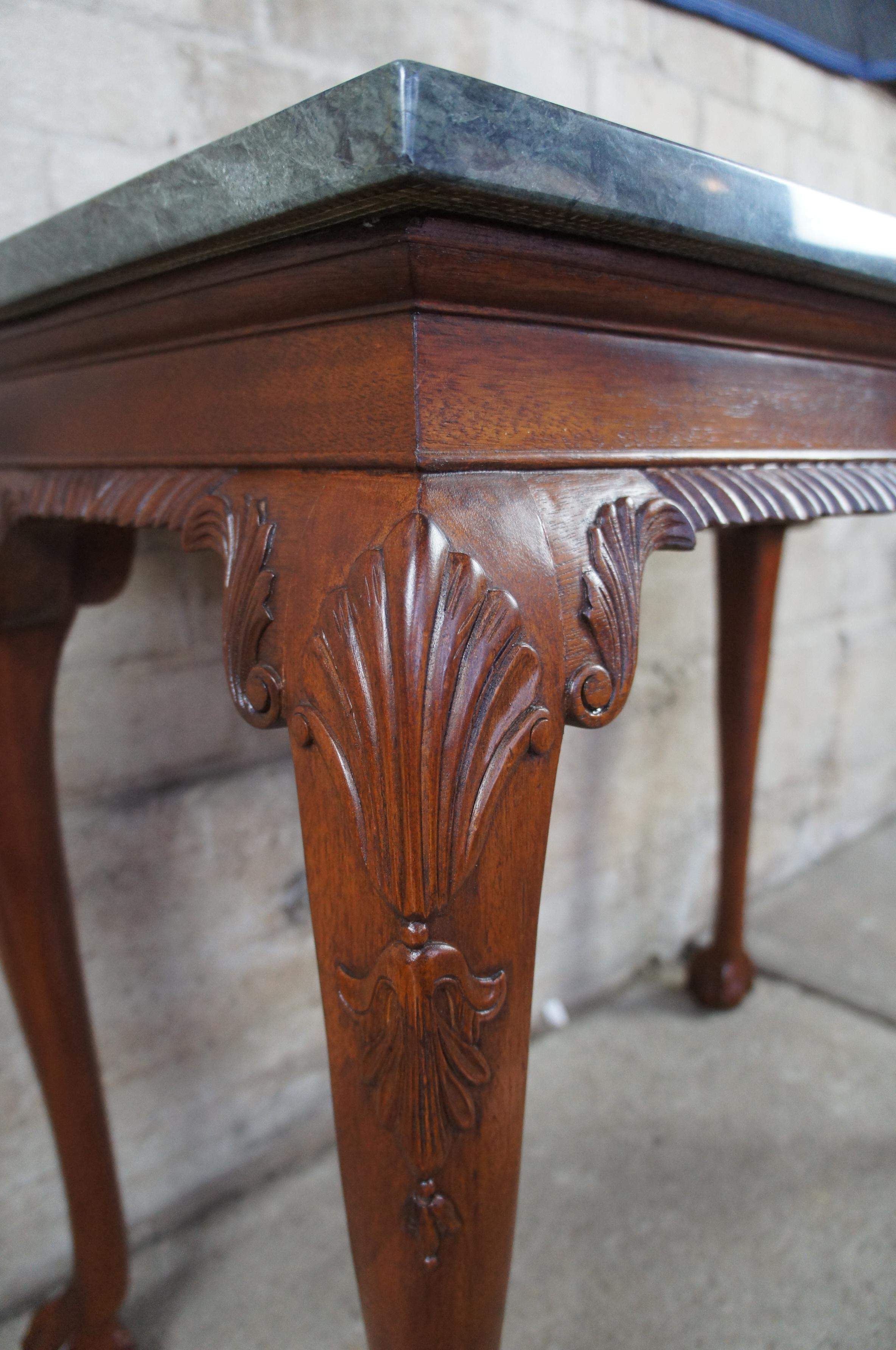 20th Century 2 Vintage Chippendale Style Mahogany Carved Marble Hall Console Tables Ball Claw