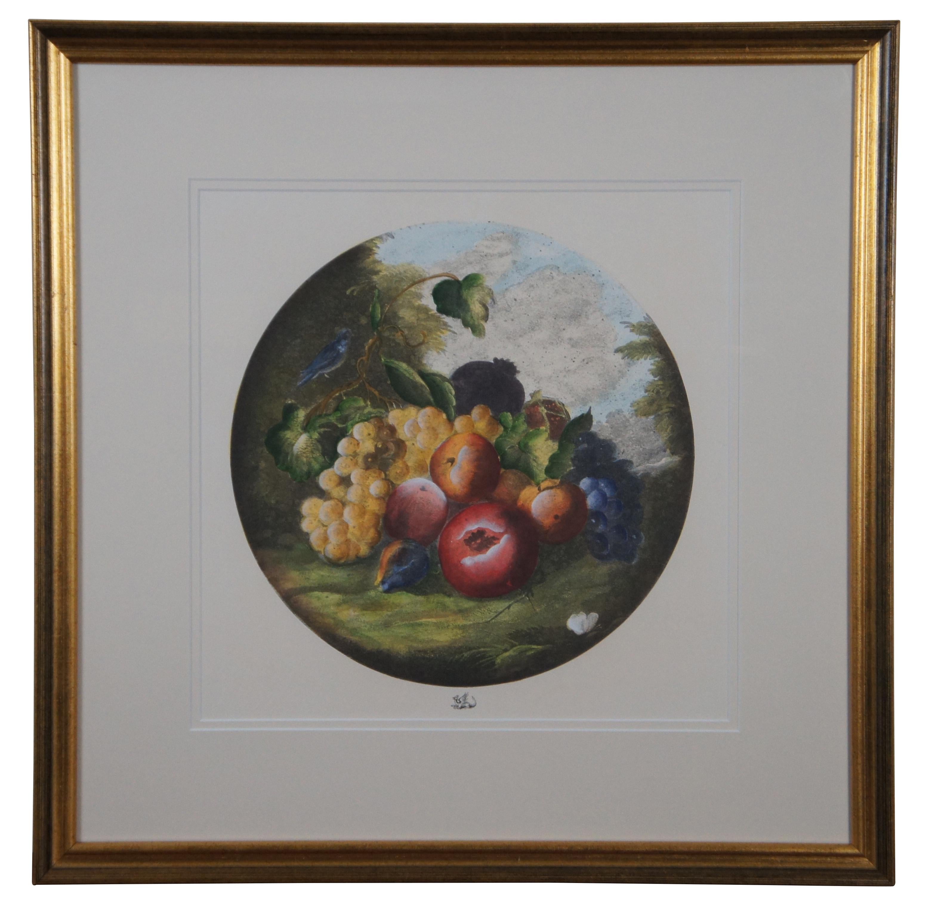 Pair of vintage lithograph prints showing still life of fruit (grapes, peaches, apples, oranges) accented with a grasshopper, a bluebird, and butterflies. Printed as a round image with a makers mark of a dragon reclined beneath.


22” x 1” x 22”