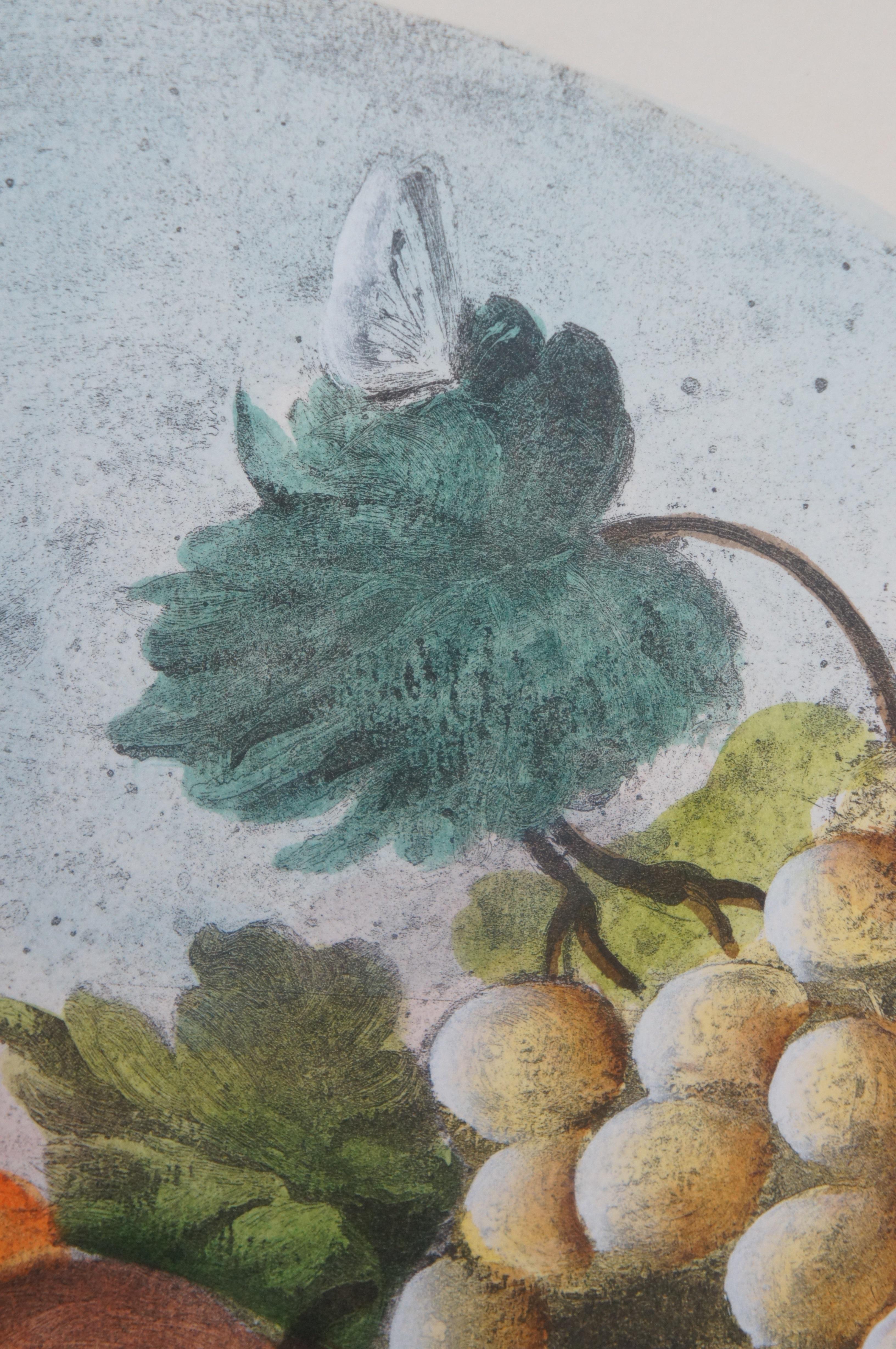 2 Vintage Circular Fruit Still Life Lithograph Prints w Dragon Mark For Sale 4