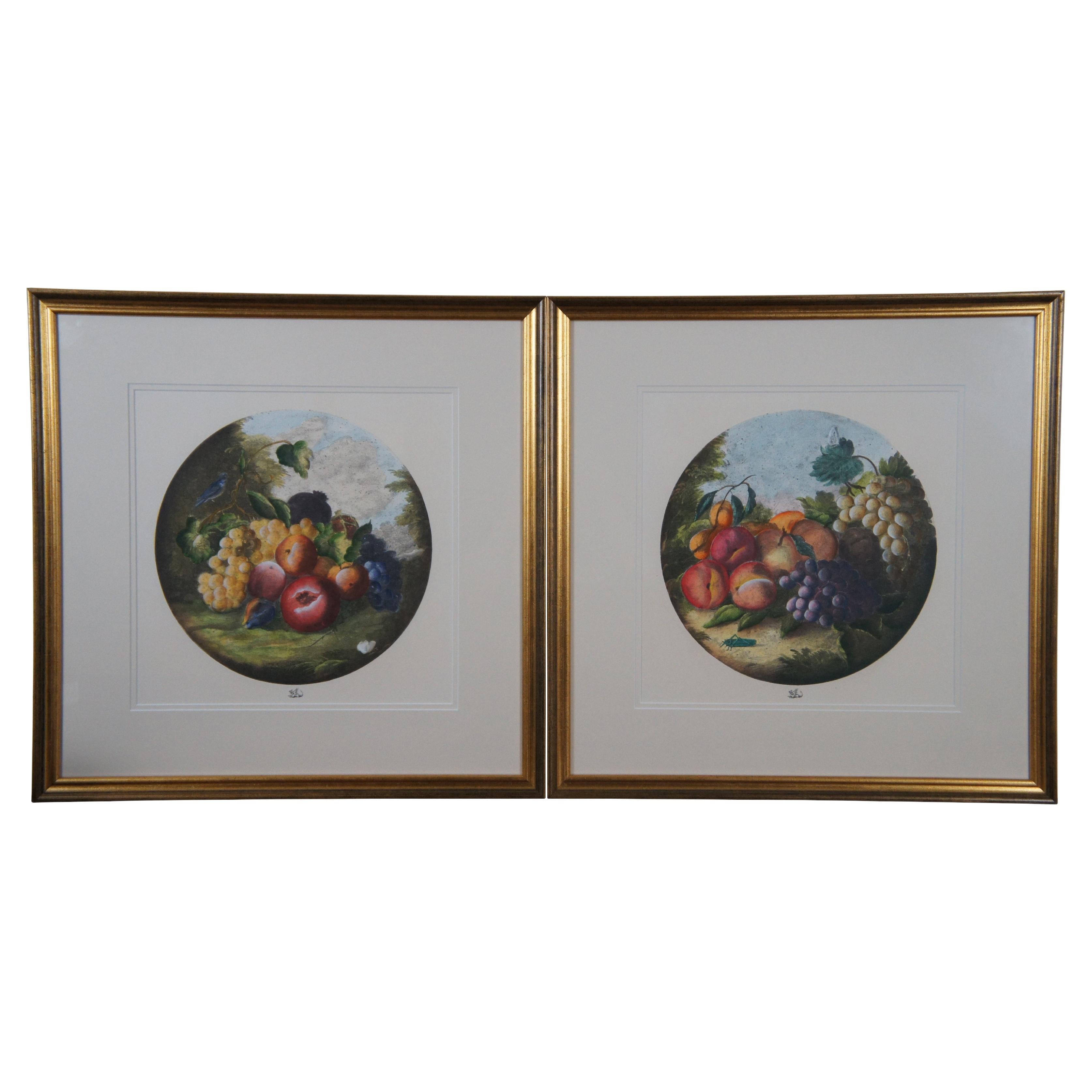 2 Vintage Circular Fruit Still Life Lithograph Prints w Dragon Mark For Sale
