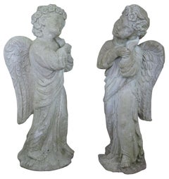 2 Vintage Concrete Angel Garden Statues Cherub Stone Yard Art Putti Pair