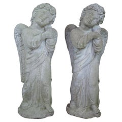 2 Vintage Concrete Angel Garden Statues Cherub Stone Yard Art Putti Pair