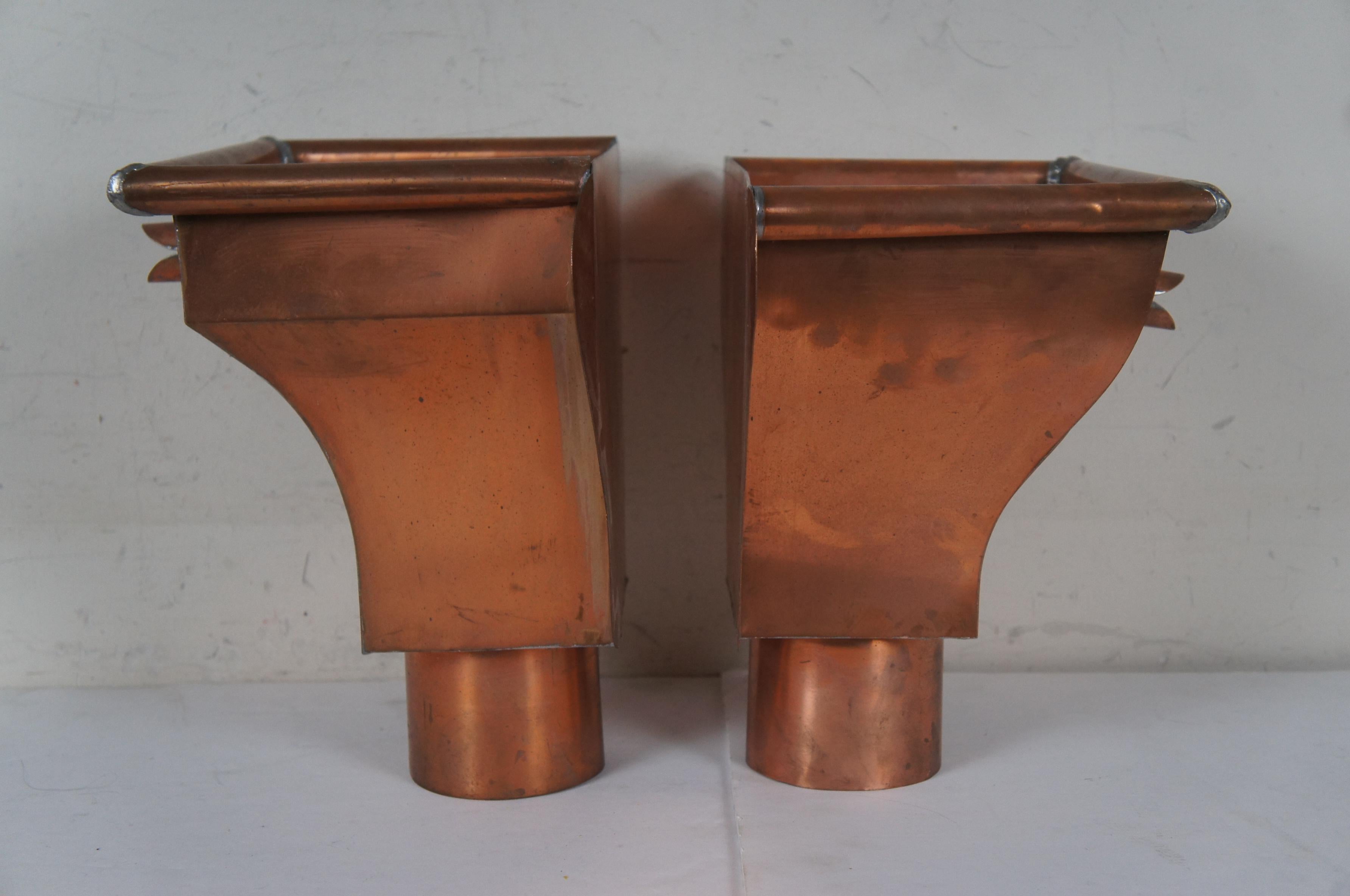 20th Century 2 Vintage Copper Gutter Leader Box Heads w/ Overflow Pipe Outlet Downspout 13