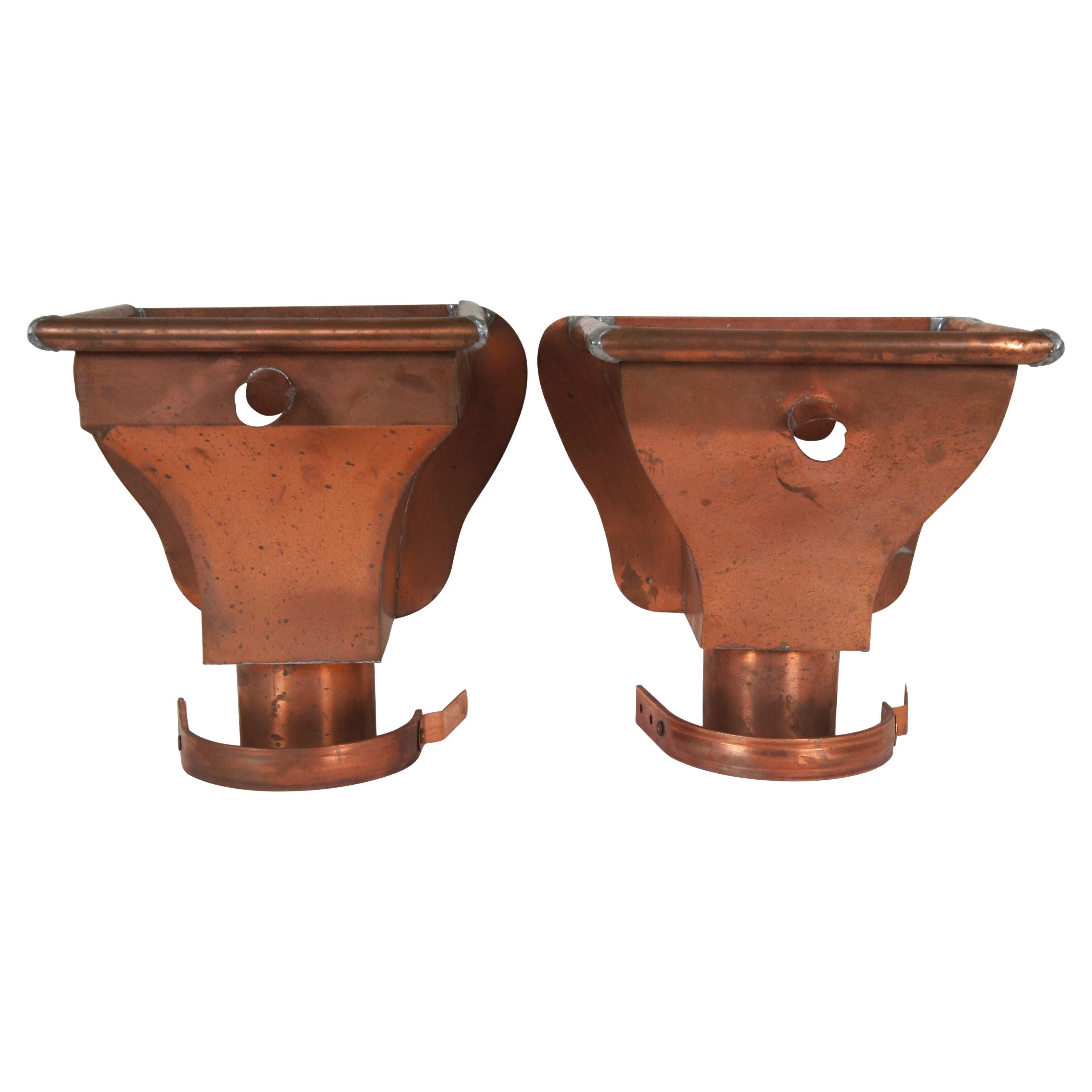 2 Vintage Copper Gutter Leader Box Heads w/ Overflow Pipe Outlet Downspout 13" For Sale