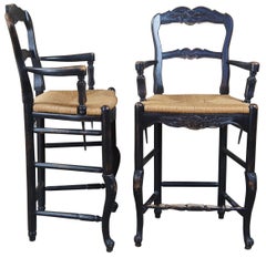 2 Vintage Country French Oak Ladder Back Bar Stools Rush Seat Arms Farmhouse