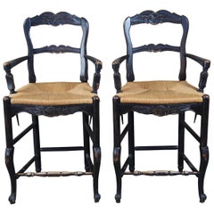 2 Vintage Country French Oak Ladder Back Bar Stools Rush Seat Arms Farmhouse