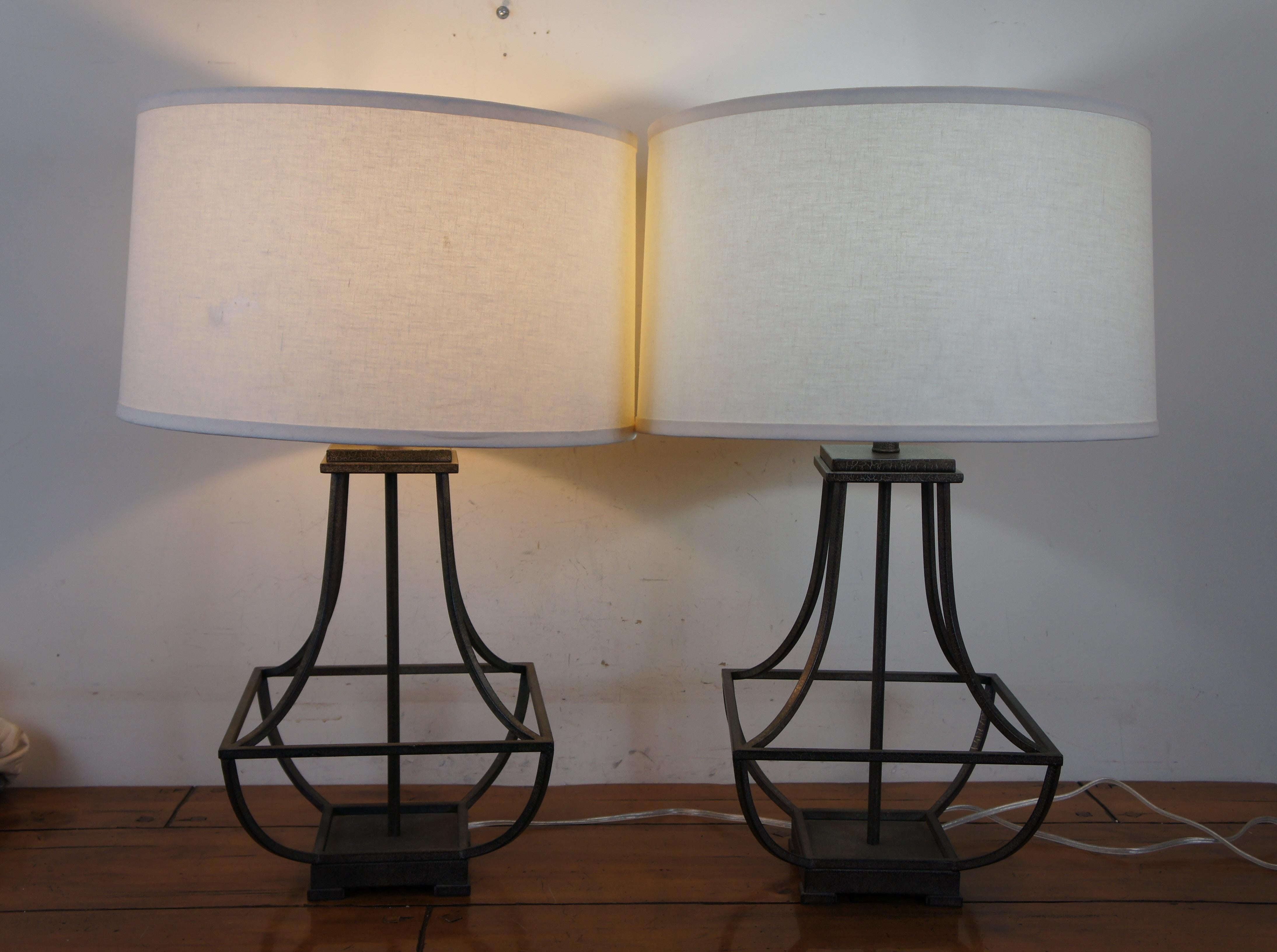 2 Vintage Deerfield Modern Iron Crackle Finish Open Cage Lamps For Sale 6
