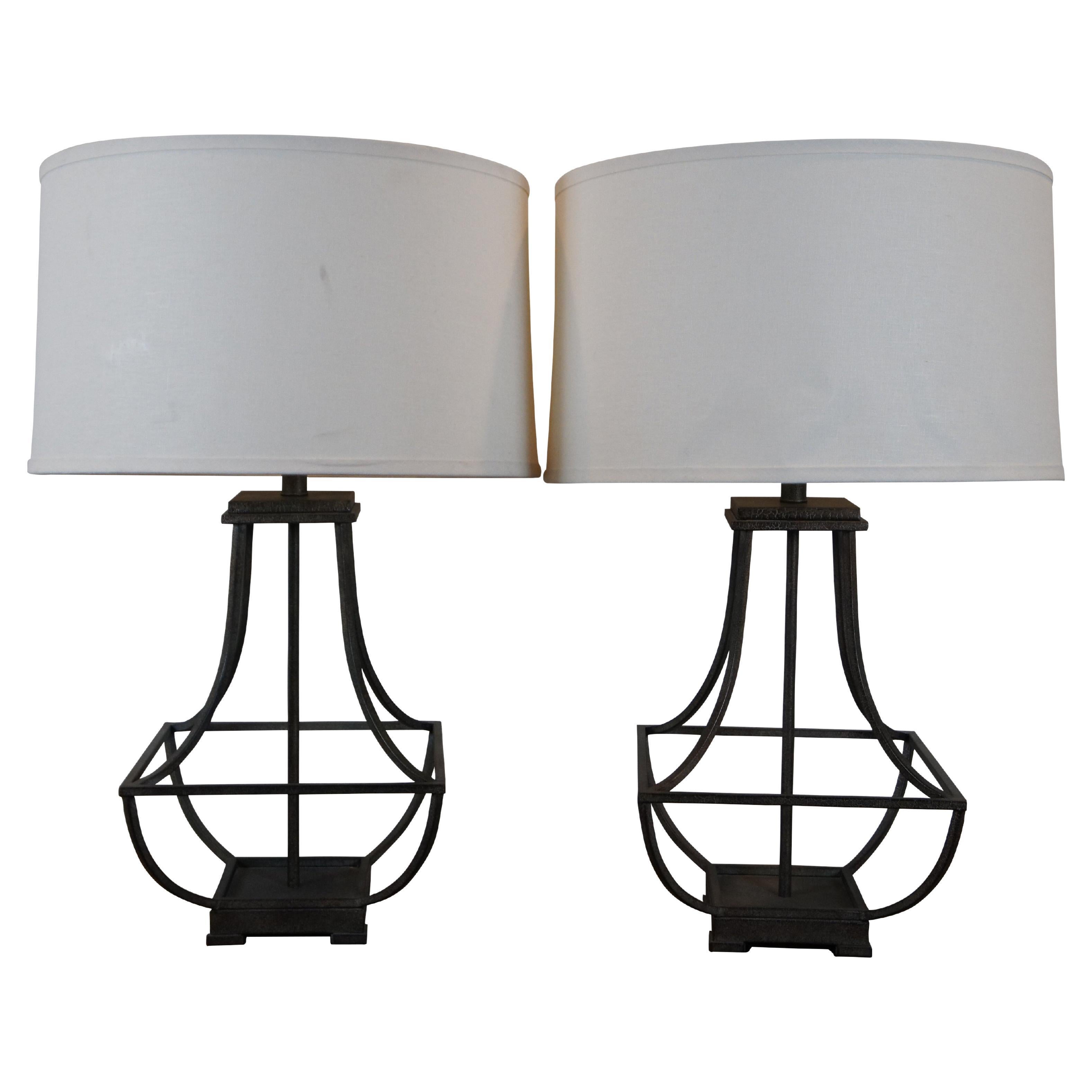 2 Vintage Deerfield Modern Iron Crackle Finish Open Cage Lamps For Sale